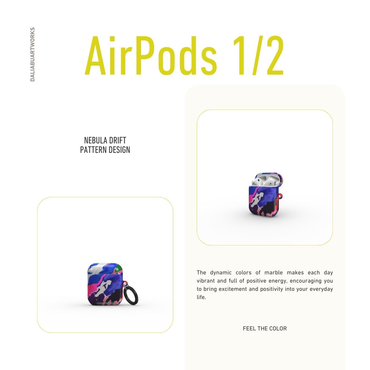 AirPods 1/2 tough case front view; Nebula Drift pattern, artistic, abstract marble pattern. Blue and purple color combination. Bold expressive aesthetic design. Colorful and interior fit. Elegant.