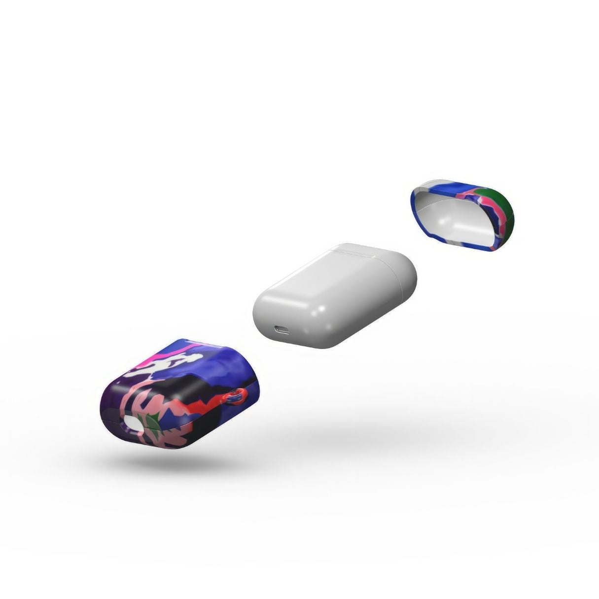 AirPods 1/2 tough case extend view; Nebula Drift pattern, artistic, abstract marble pattern. Blue and purple color combination. Bold expressive aesthetic design. Colorful and interior fit. Elegant.