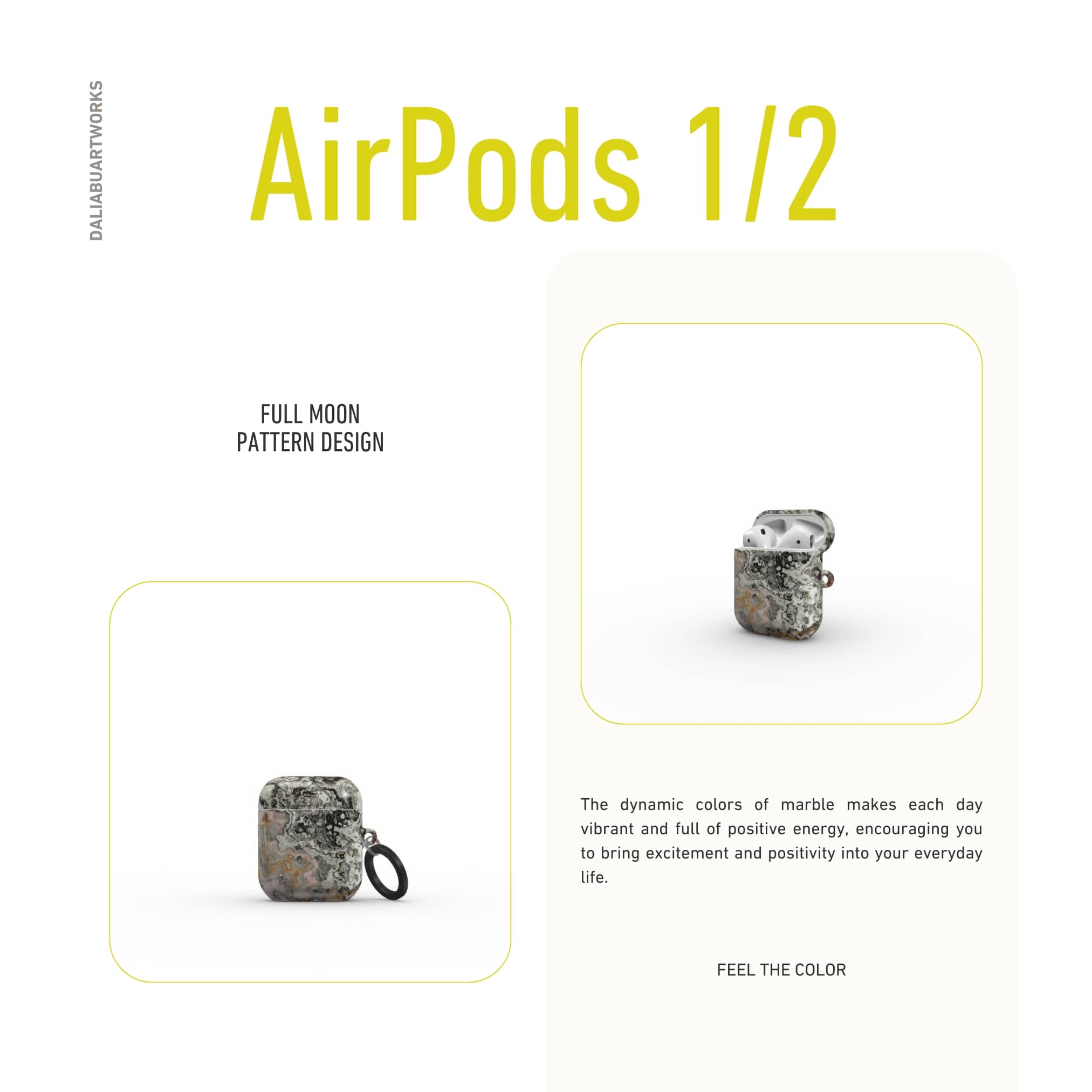 AirPods 1/2 case front view; Full Moon pattern, marble pattern; moon surface imagination. Bold expressive aesthetic design. Colorful and interior fit. Elegant.