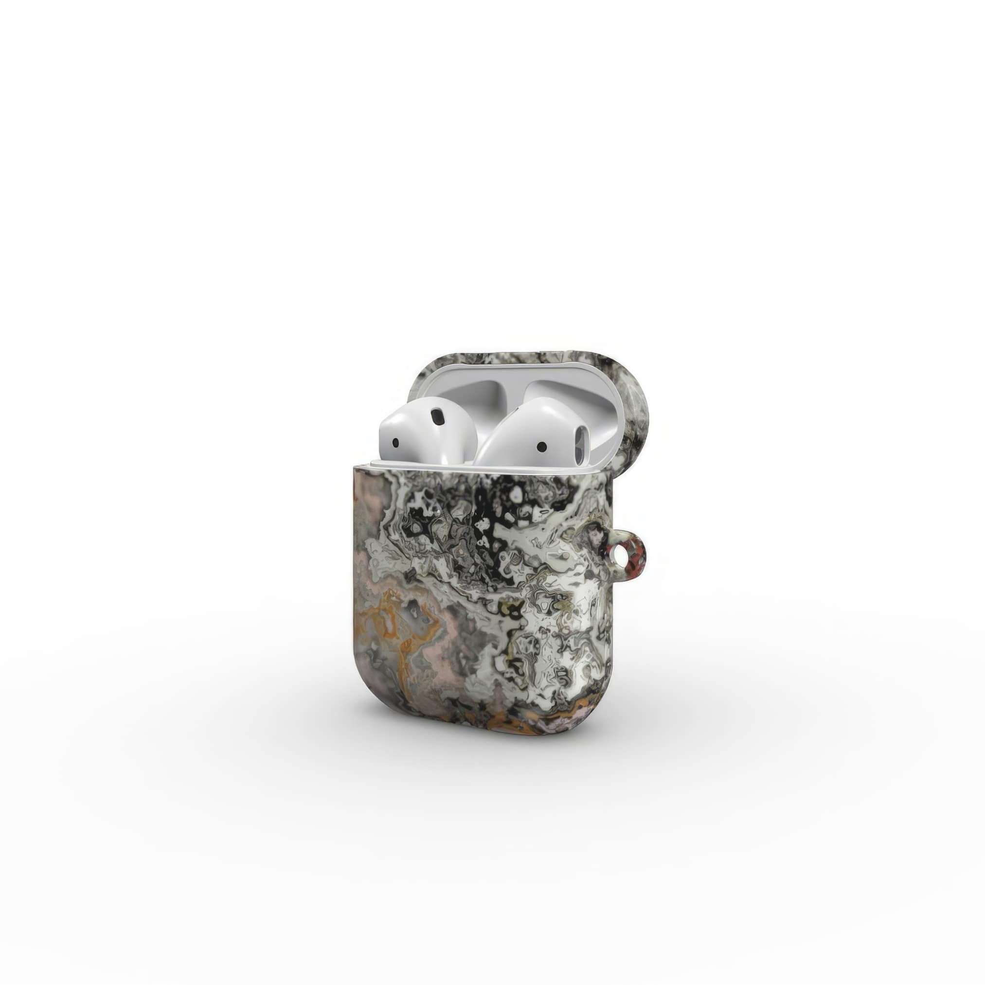 AirPods 1/2 case side open view; Full Moon pattern, marble pattern; moon surface imagination. Bold expressive aesthetic design. Colorful and interior fit. Elegant.