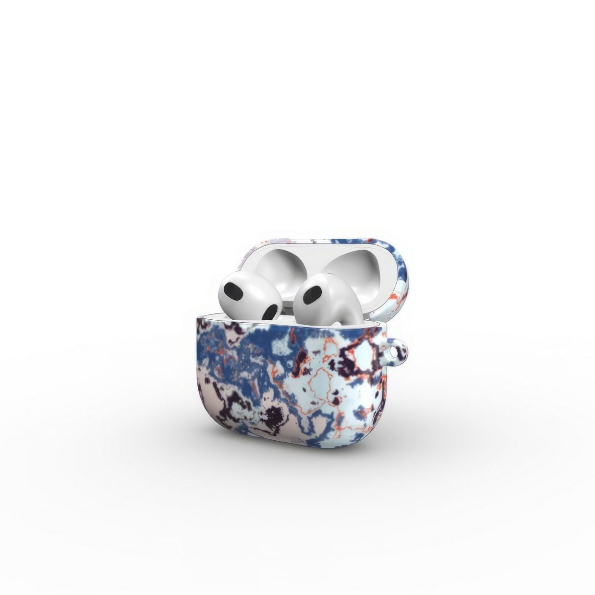 AirPods 3 tough case side open view; Blue Marble Mist pattern, artistic, abstract marble pattern. Blue and pink color combination.