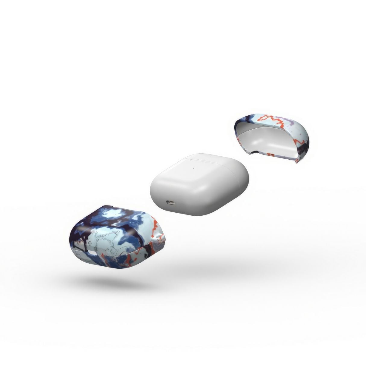 AirPods 3 tough case extend view; Blue Marble Veins pattern, artistic, abstract marble pattern. Dark blue and light blue with some red lines color combination. Bold expressive aesthetic design. Colorful and interior fit. Elegant.
