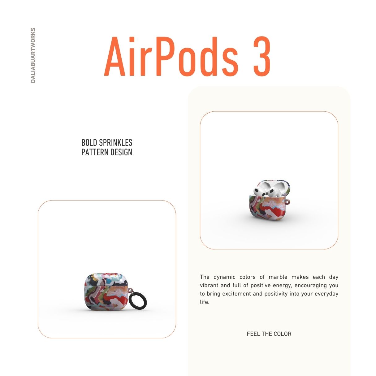 AirPods 3 case front view; Bold Sprinkles pattern, artistic, abstract marble pattern. Mix color combination. Bold expressive aesthetic design. Colorful and interior fit. Elegant.