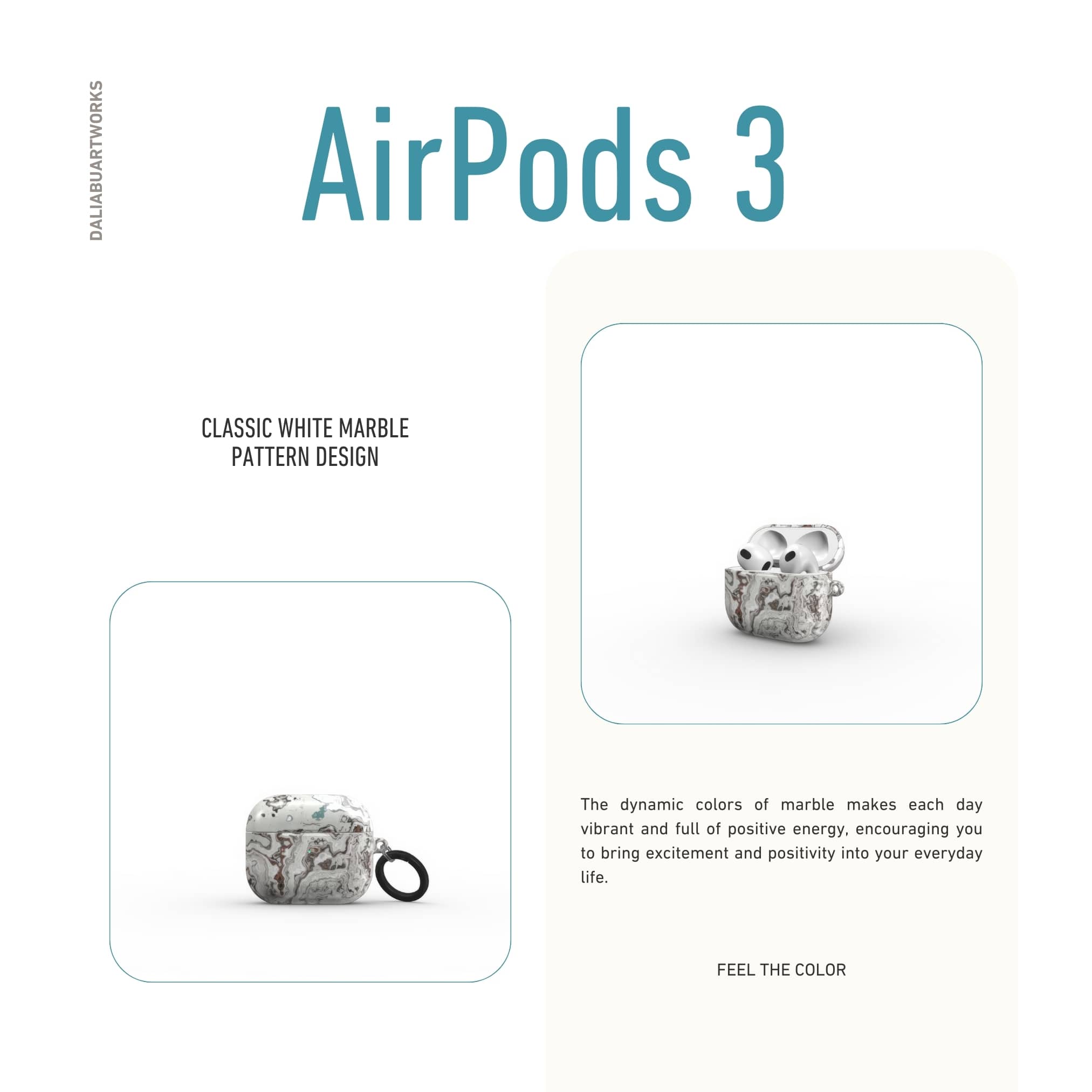 AirPods 3 tough case front view; Classic White Marble pattern, artistic, abstract marble pattern. White and grey color combination.