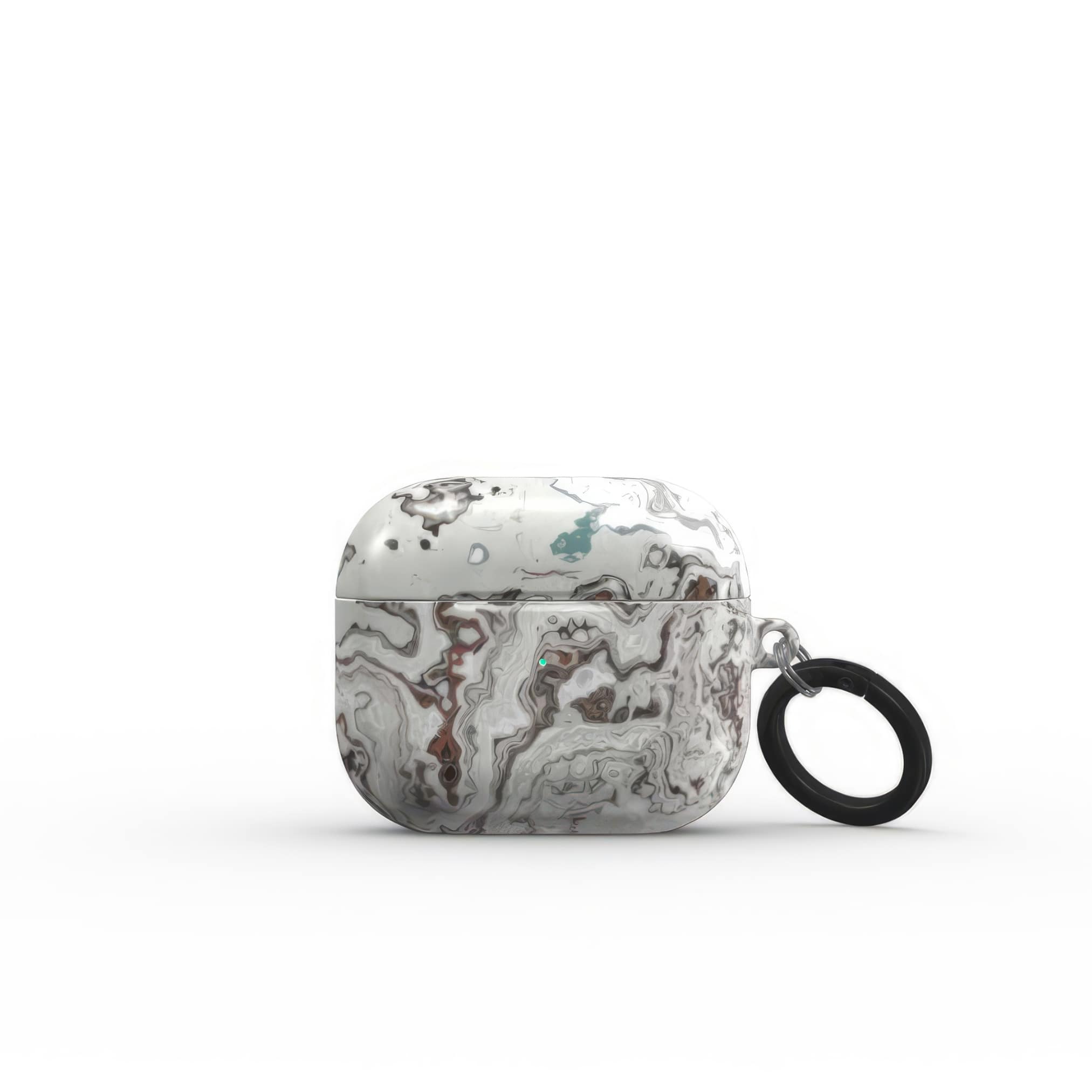 AirPods 3 tough case front view; Classic White Marble pattern, artistic, abstract marble pattern. White and grey color combination. Bold expressive aesthetic design. Colorful and interior fit. Elegant.
