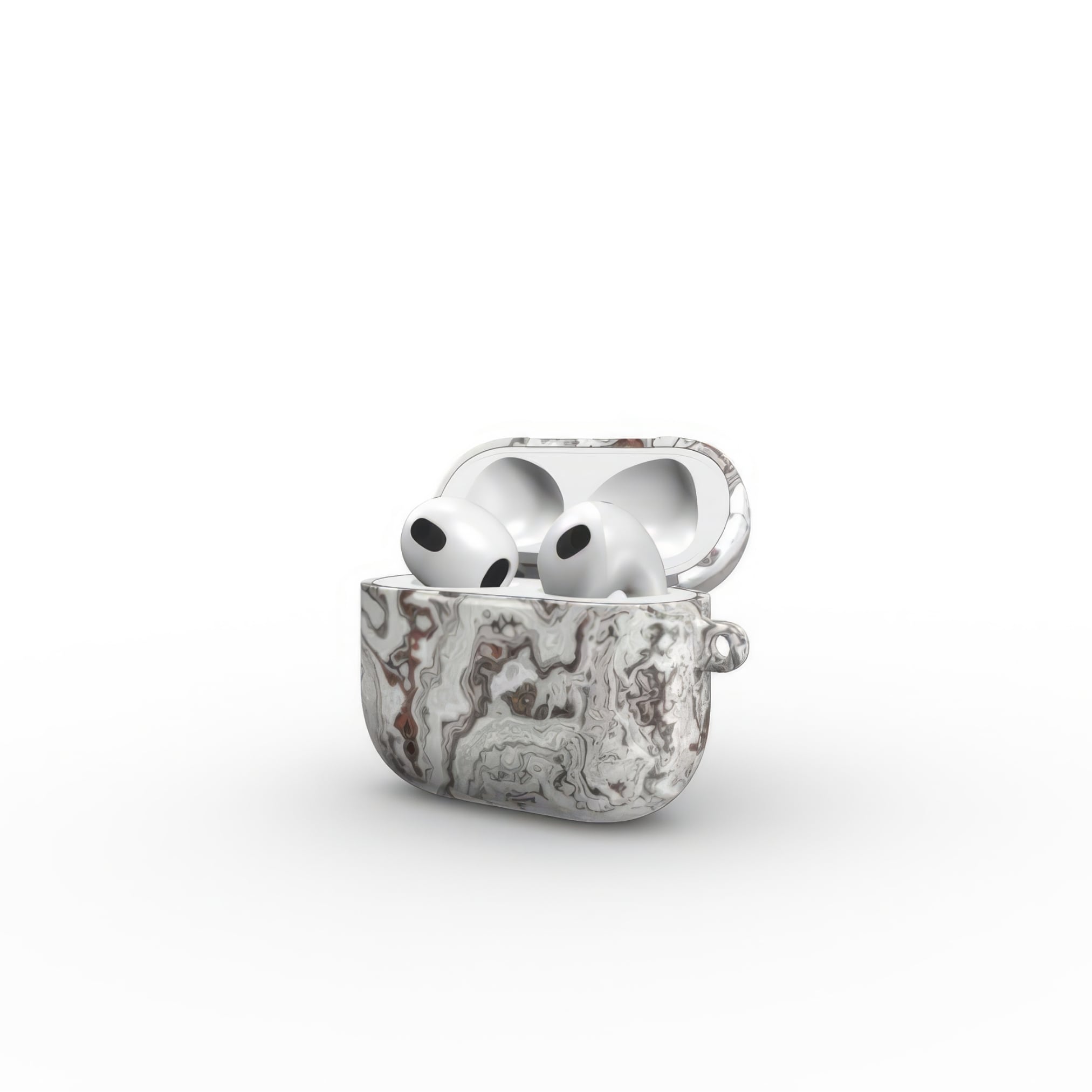 AirPods 3 tough case side open view; Classic White Marble pattern, artistic, abstract marble pattern. White and grey color combination.