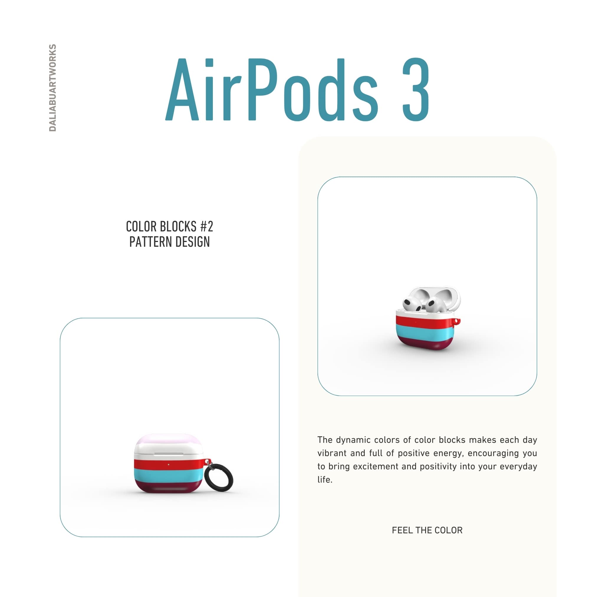 AirPods 3 tough case Color Blocks 2 pattern design with a color blocks, featuring an elegant and expressive aesthetic design. Main colors are lilac, red, passion pink and fuchsia. Front view.