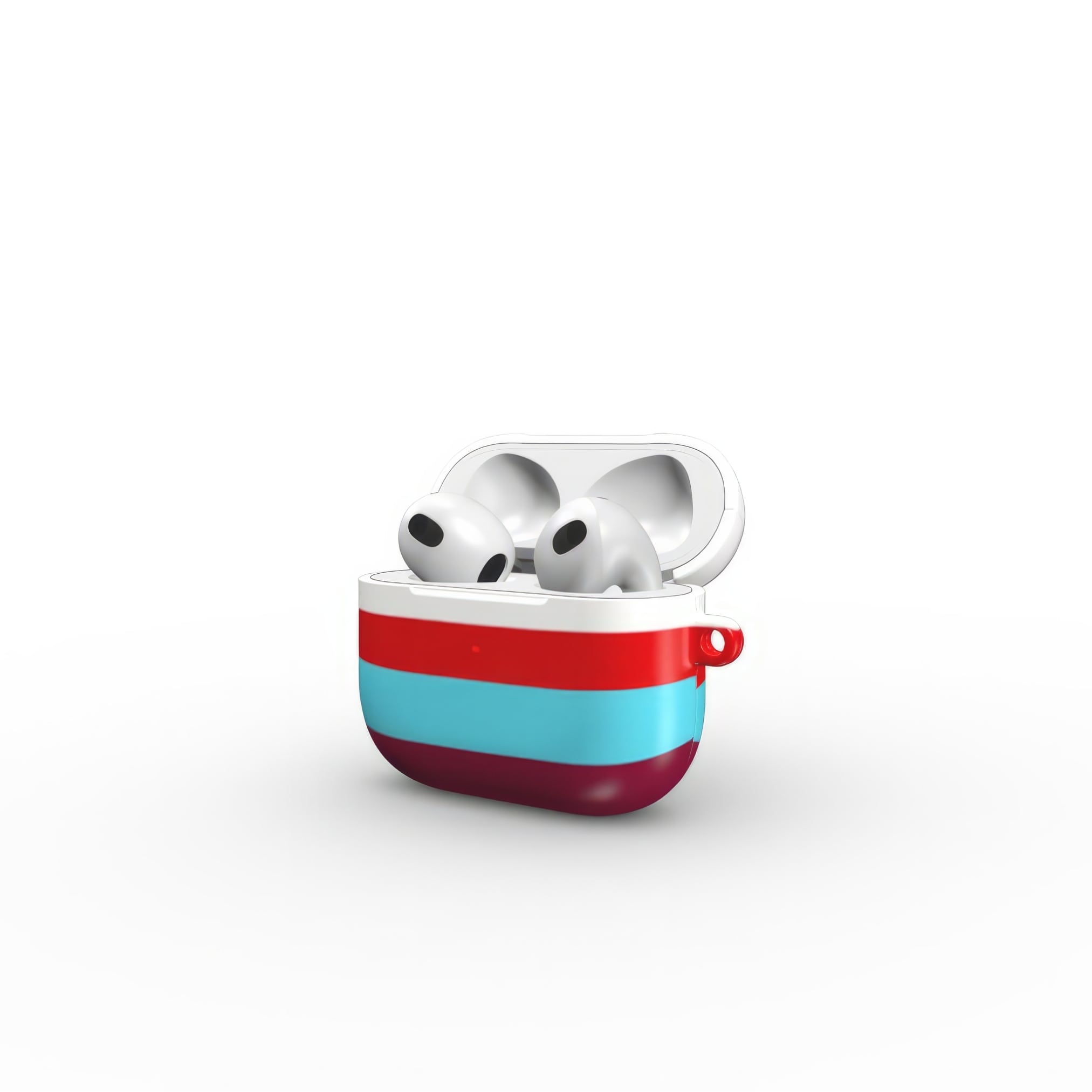 AirPods 3 tough case Color Blocks 2 pattern design with a color blocks, featuring an elegant and expressive aesthetic design. Main colors are lilac, red, passion pink and fuchsia. Side open view.