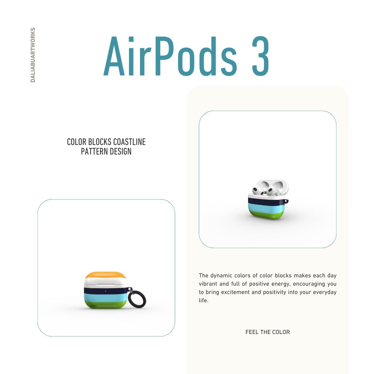 AirPods 3 tough case Color Blocks Coastline pattern design with a color blocks, featuring an elegant and expressive aesthetic design. Main colors are light green, blue and orange. Front view.