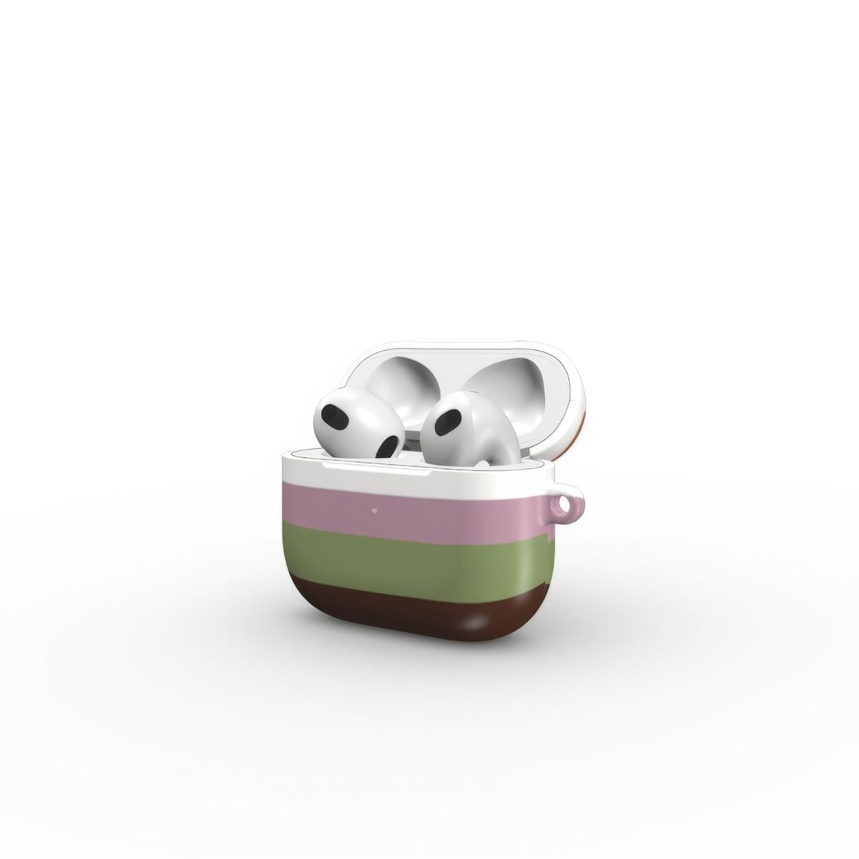 AirPods 3 case Color Blocks Forest pattern design with a color blocks, featuring an elegant and expressive aesthetic design. Main colors are caramel, chocolate brown, rich green. Side view.