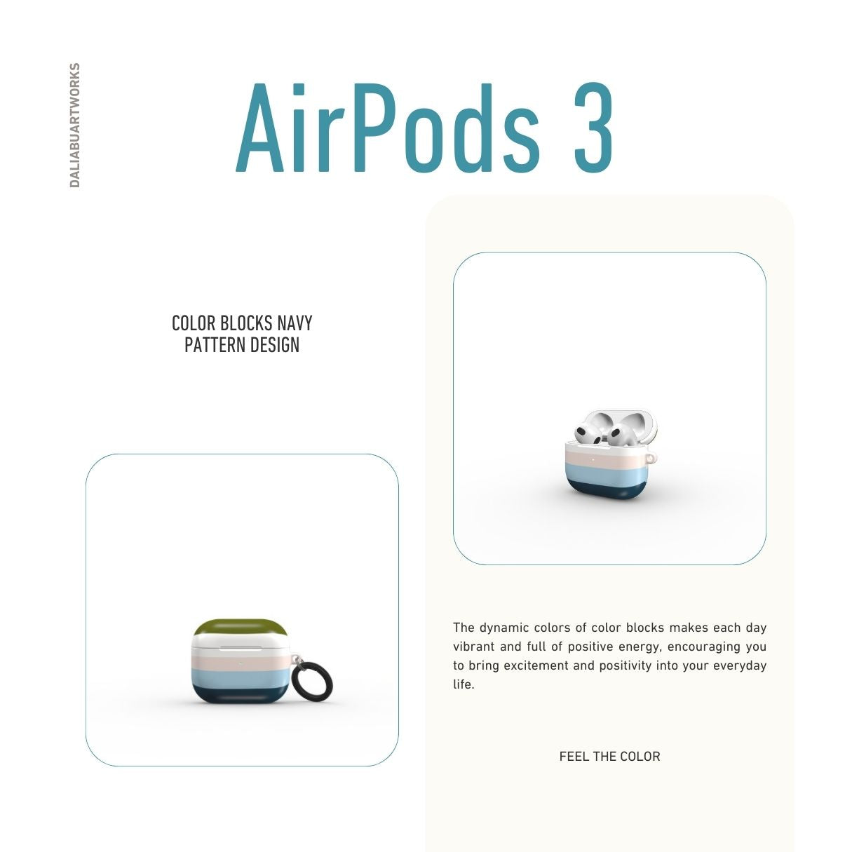 AirPods 3 hard shell ultra thin tough case Color Blocks Navy pattern design with a color blocks, featuring an elegant and expressive aesthetic design. Main colors are khaki, navy blue, deep marine, light blue and pink. Front view.