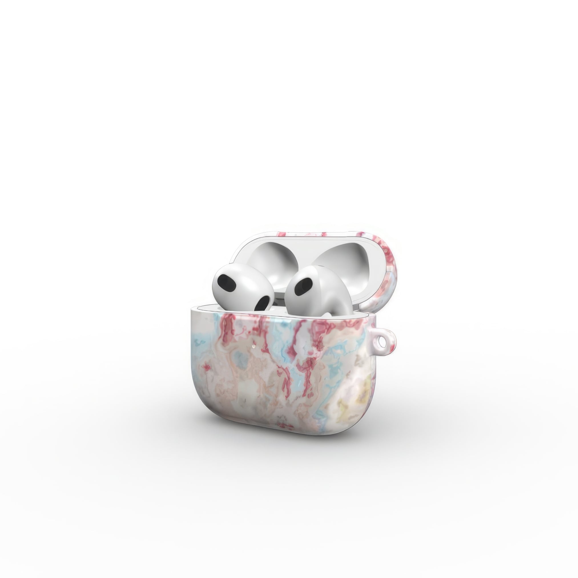 AirPods 3 tough case side open view; Divine Blue 1 pattern, artistic, abstract marble pattern. Pink and light blue color combination.