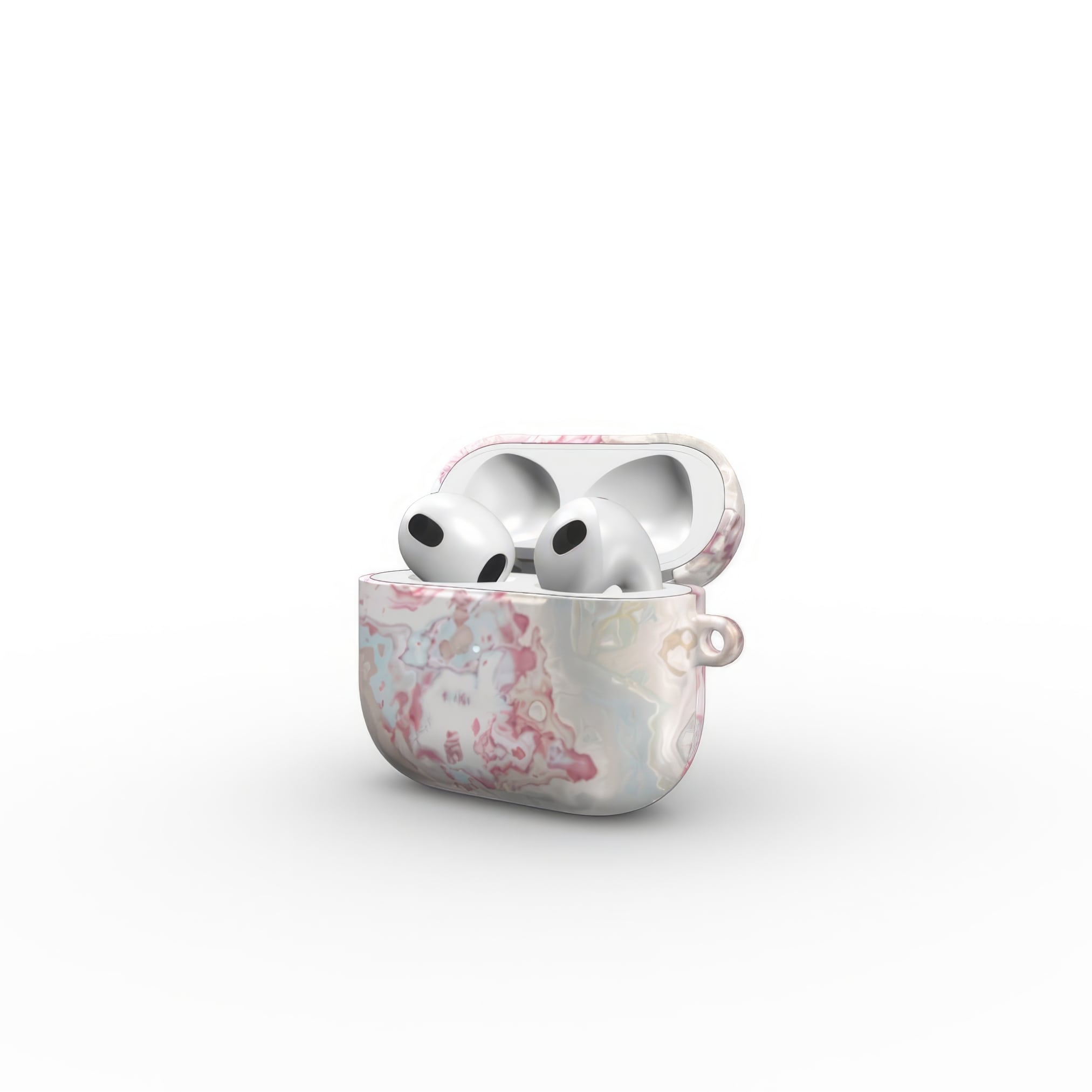 AirPods 3 case open side view; Divine Blue 2 pattern, artistic, abstract marble pattern. Light blue and pink color combination. 