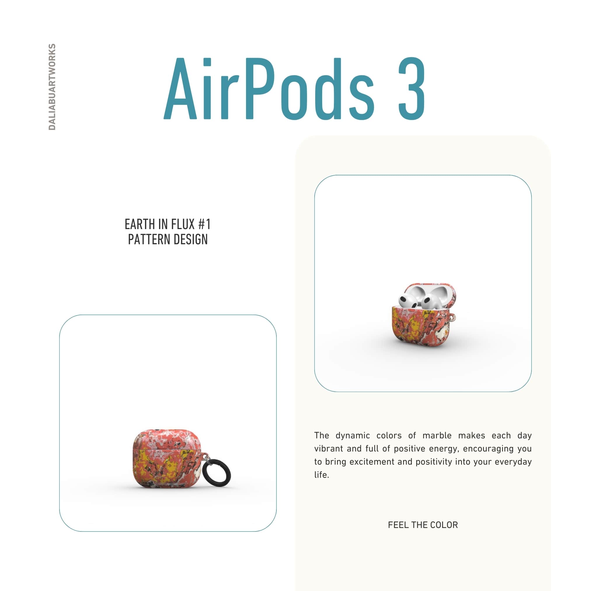 Airpods 3 case closed front view; Earth in Flux 1 pattern, artistic, abstract marble pattern. Blue and brick red color combination. 