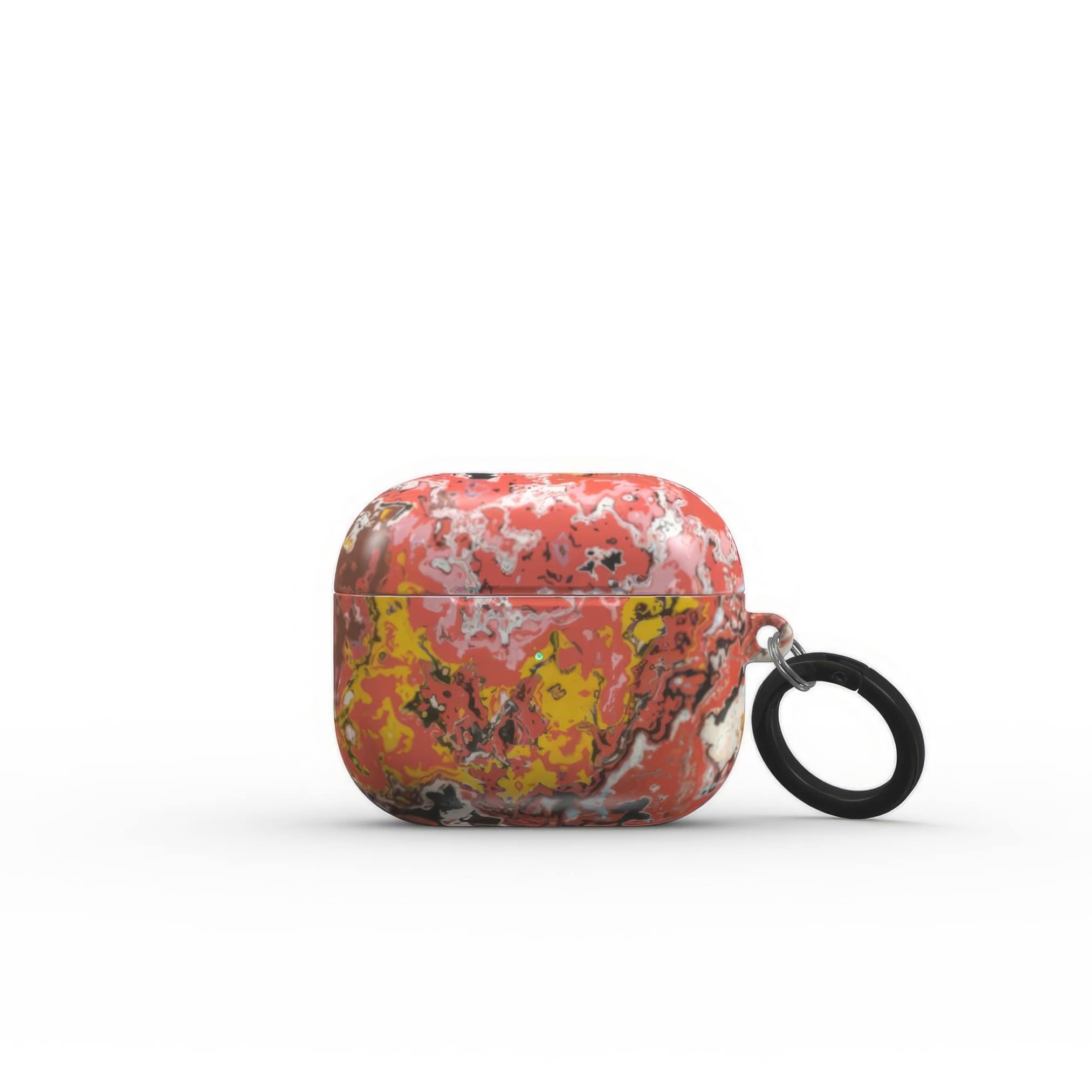 Airpods 3 case closed front view; Earth in Flux 1 pattern, artistic, abstract marble pattern. Blue and brick red color combination. Bold expressive aesthetic design. Colorful and interior fit. Elegant.