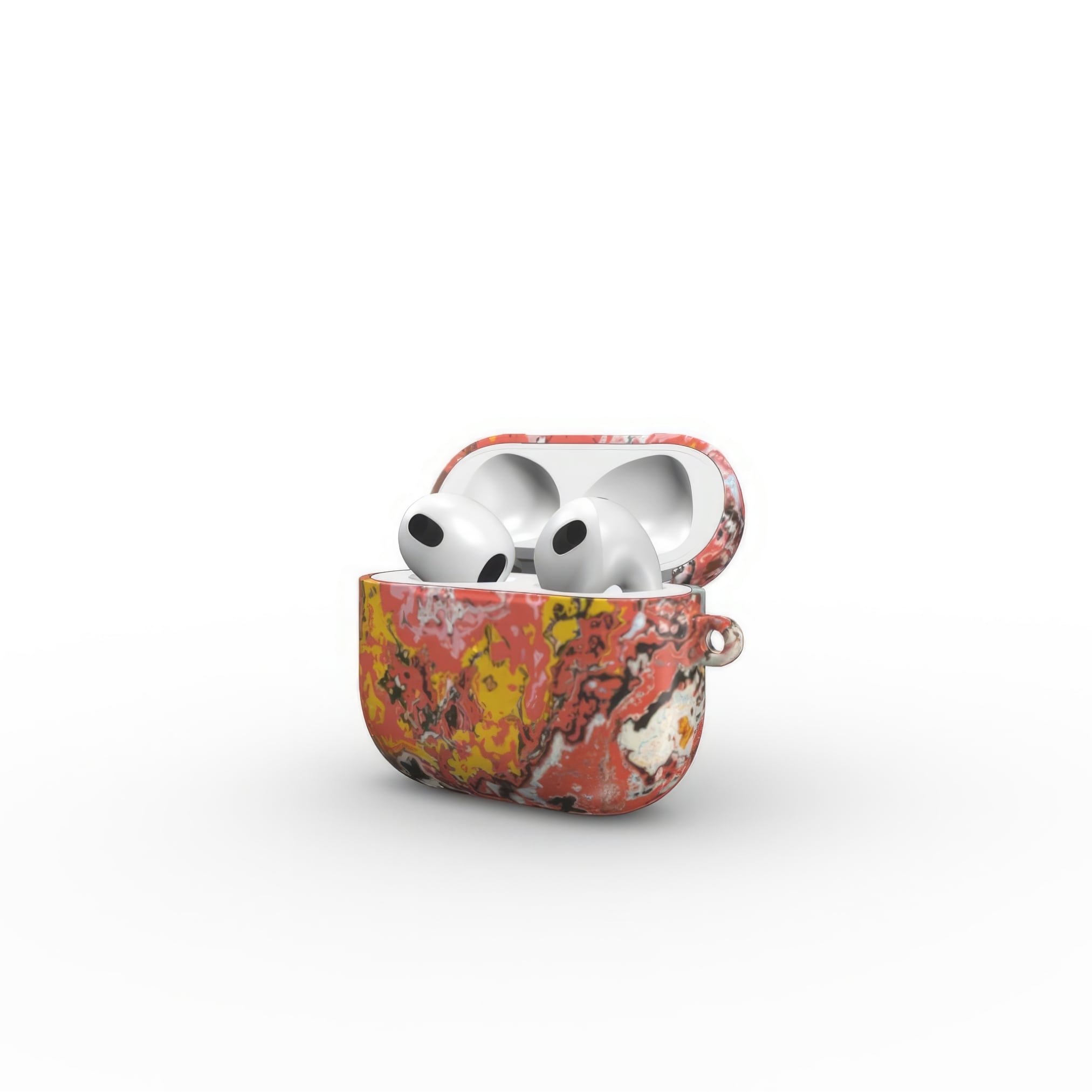Airpods 3 case closed side open view; Earth in Flux 1 pattern, artistic, abstract marble pattern. Blue and brick red color combination. 