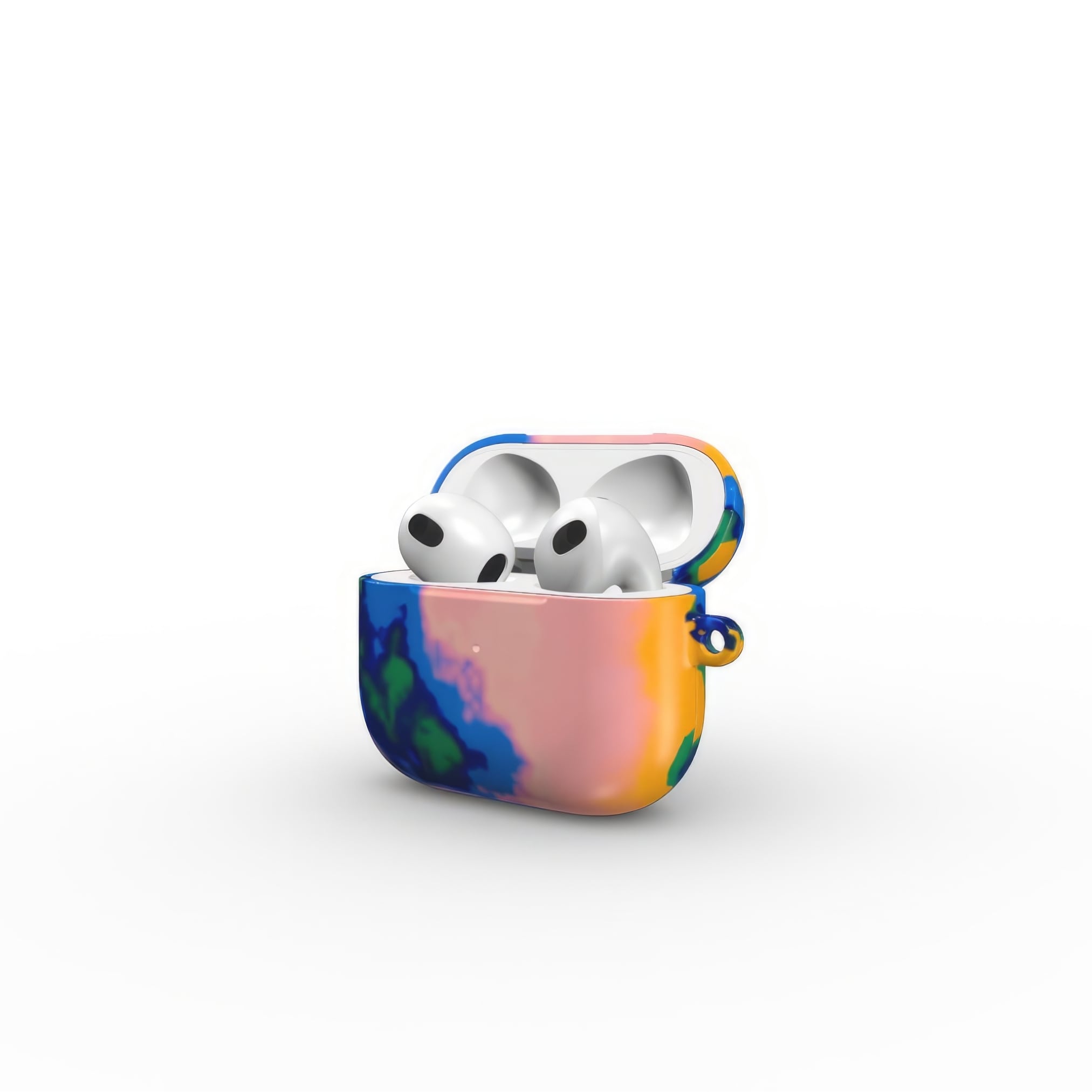 AirPods 3 case side open view; Electricity 1 pattern, artistic, abstract marble pattern. Blue and orange color combination. 