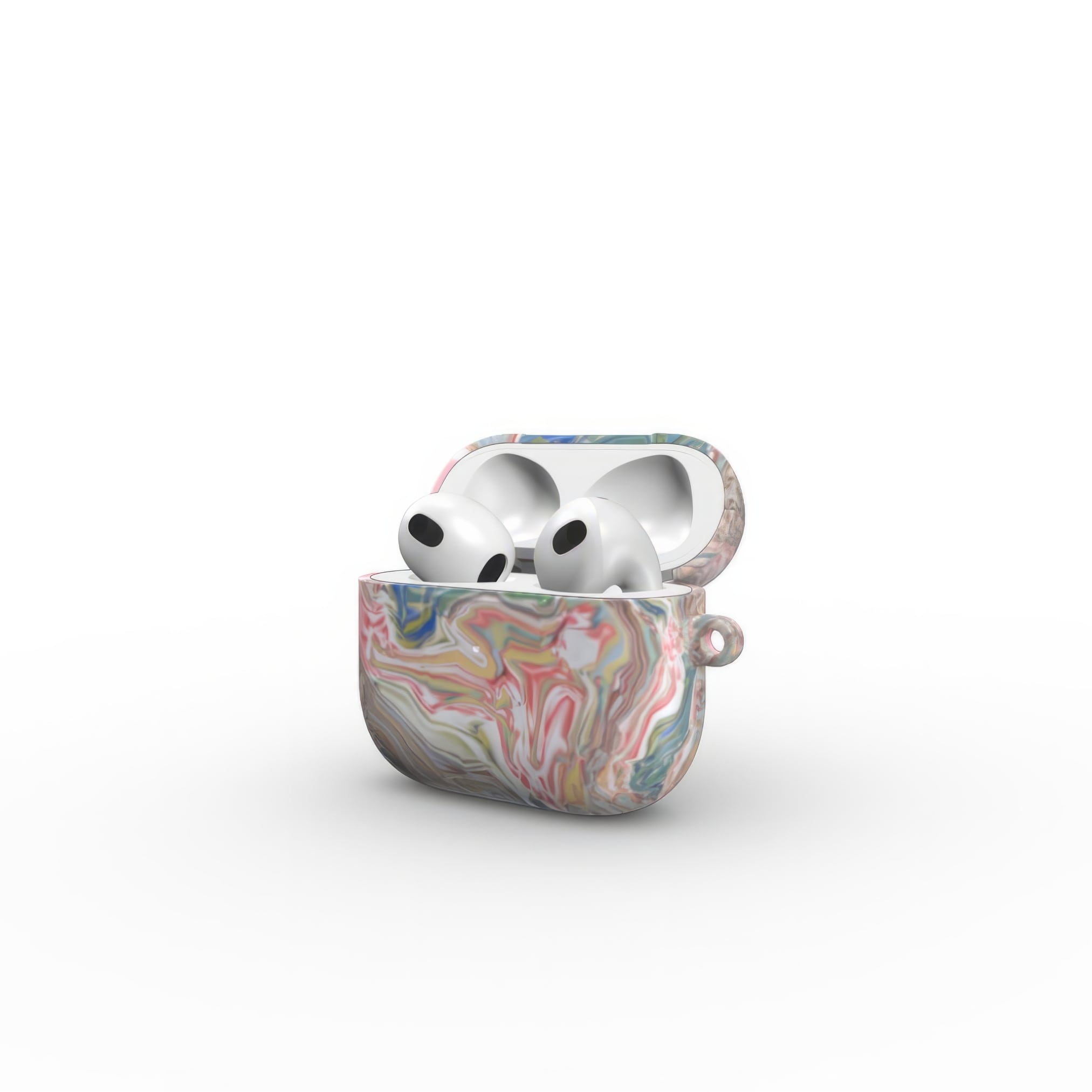 AirPods 3 tough case side open view; Feel Impress 1 pattern, artistic, abstract marble pattern. Pastel blue, green and red color combination. Inspired by impressionist art.