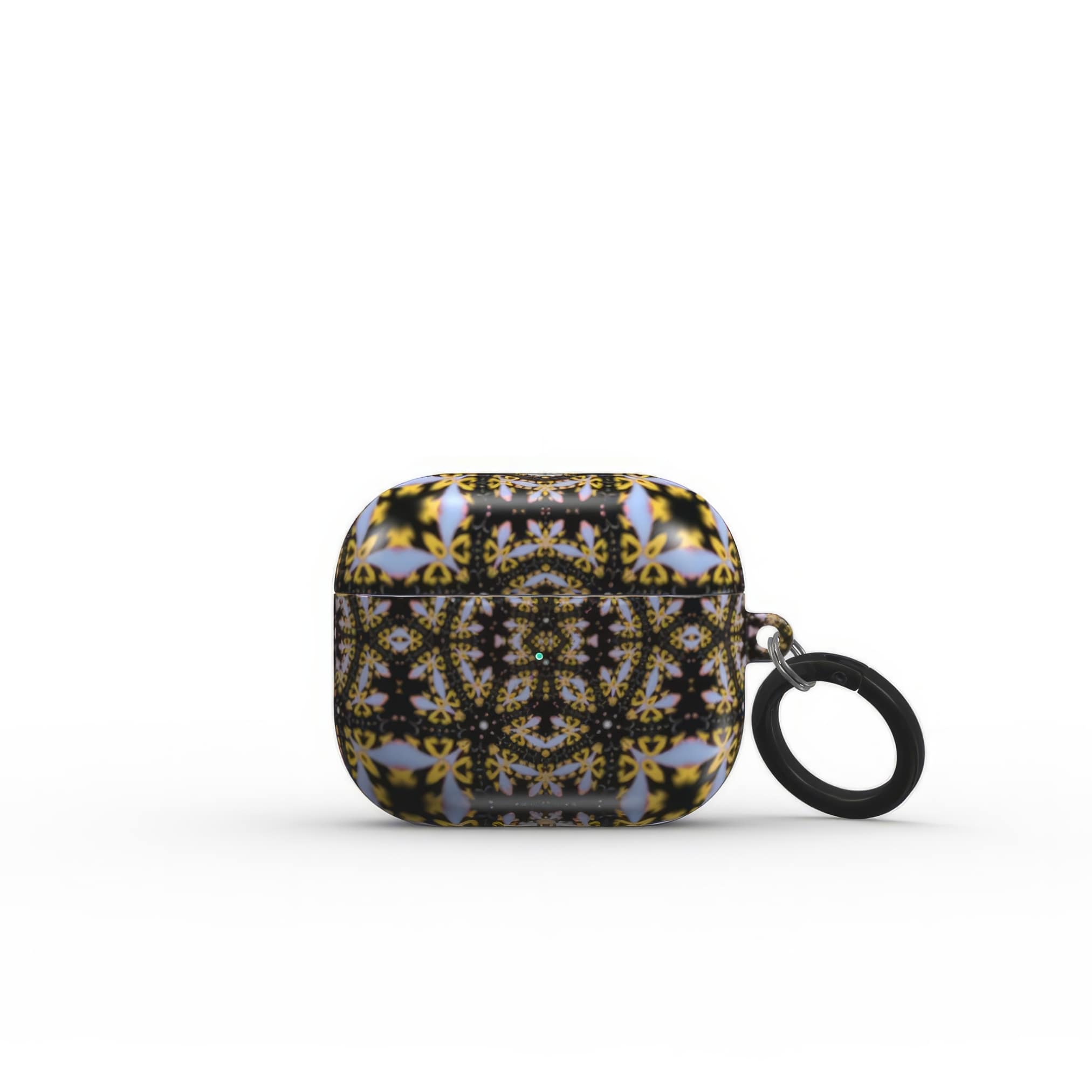 AirPods 3 case Fleurs Du Jardin 1 pattern with geometric design, featuring an elegant and expressive aesthetic shape. Main colors are blue, yellow and dark purple. Front view.