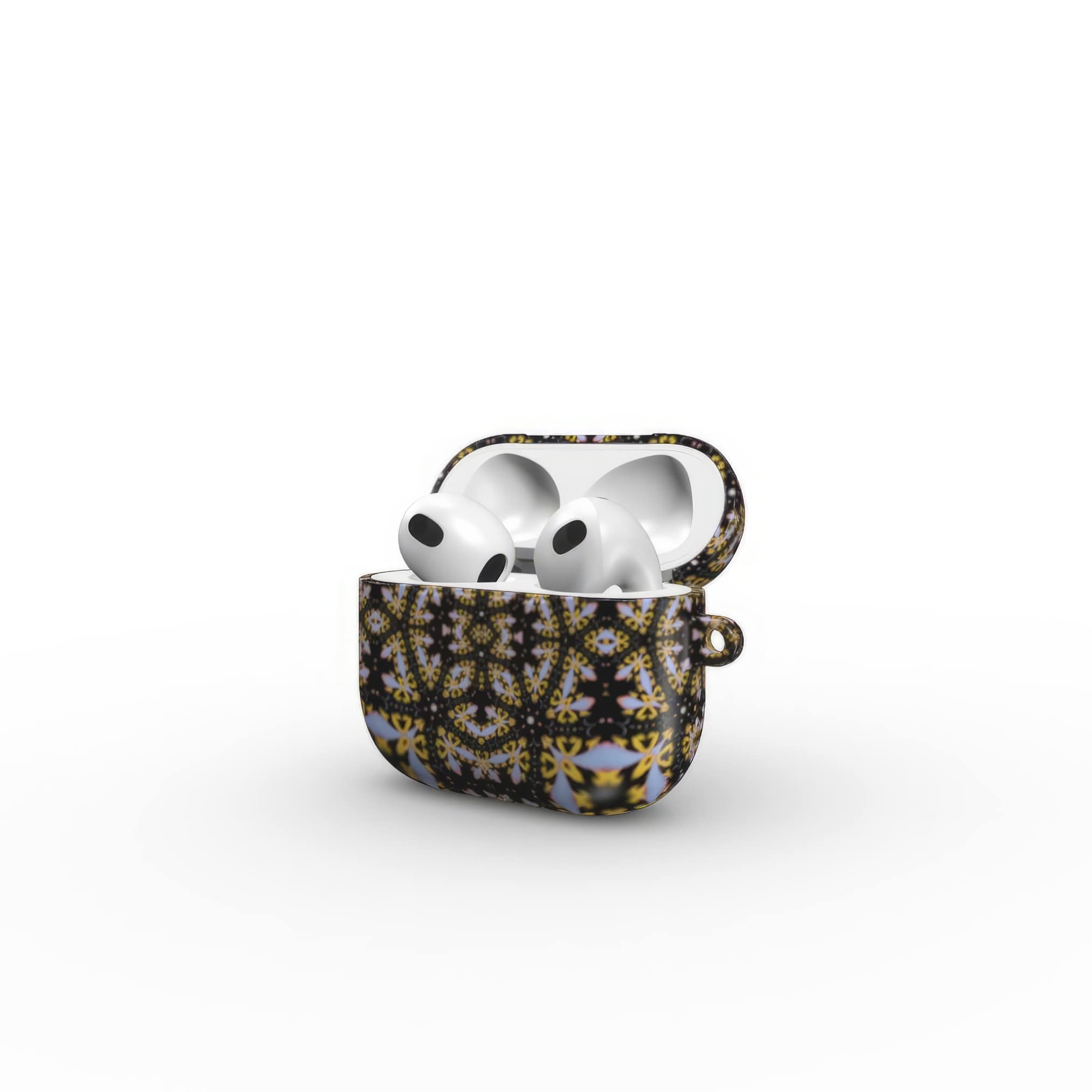 AirPods 3 case Fleurs Du Jardin 1 pattern with geometric design, featuring an elegant and expressive aesthetic shape. Main colors are blue, yellow and dark purple. Side view.