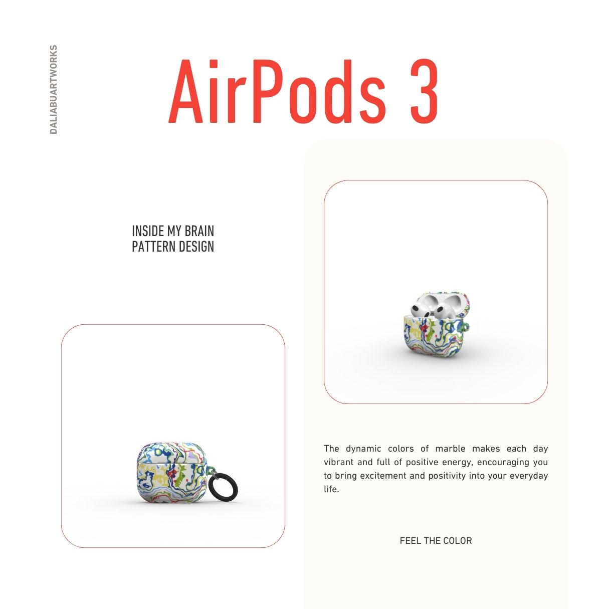 AirPods 3 tough case front view; Inside My Brain pattern, artistic, abstract marble pattern. Mix color combination. Bold expressive aesthetic design. Colorful and interior fit. Elegant.