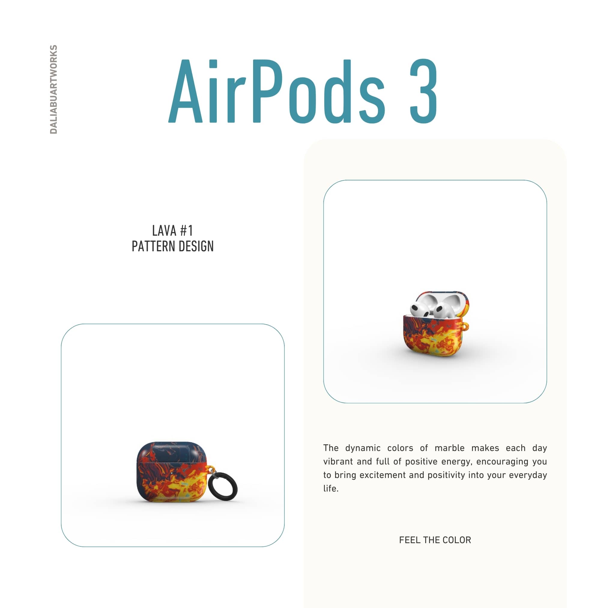 AirPods 3 tough case with a bold vivid pattern in marble abstract and artistic style, featuring an elegant and expressive aesthetic design. Main colors are navy deep blue, rich yellow, red and marine blue. Front view.