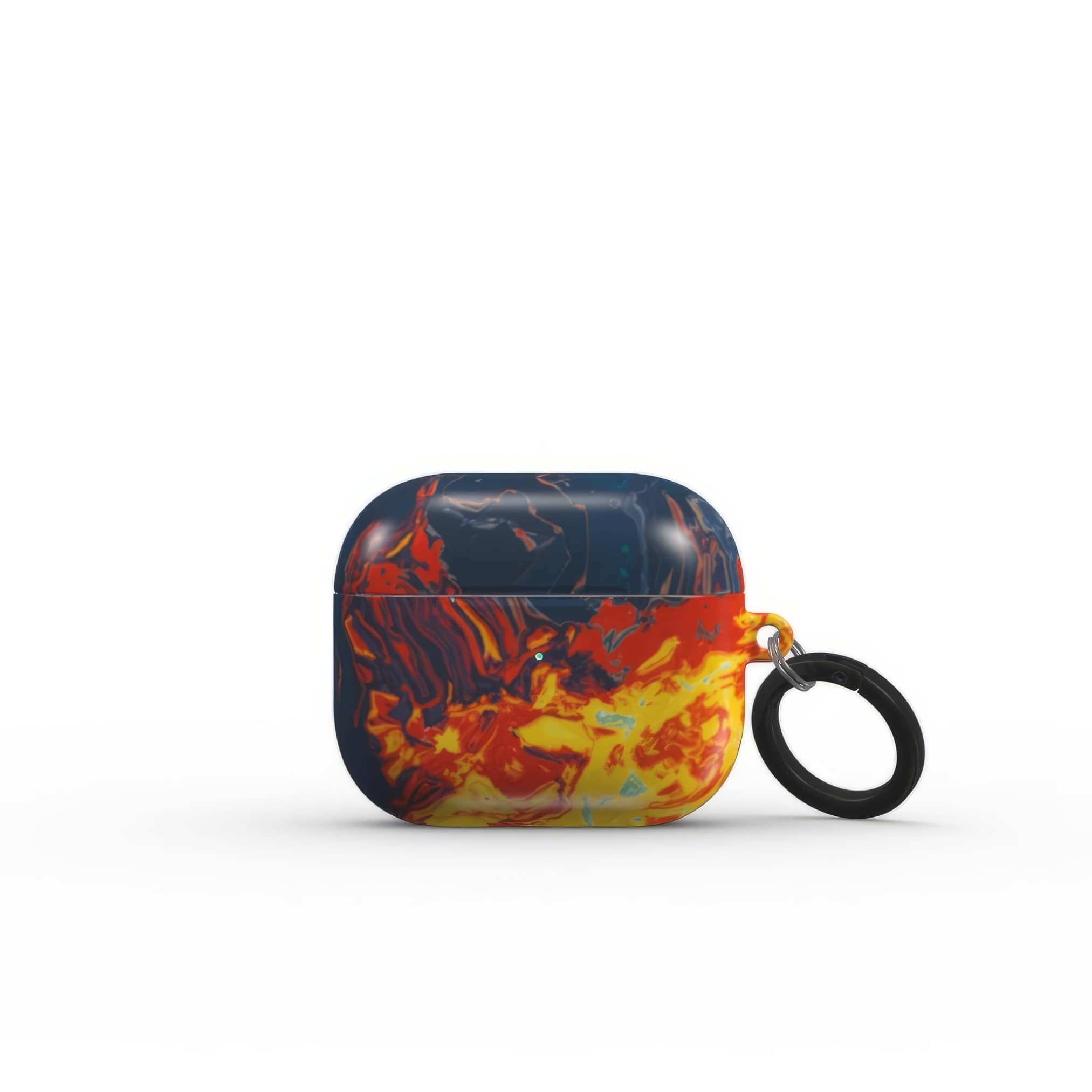 AirPods 3 tough case with a bold vivid pattern in marble abstract and artistic style, featuring an elegant and expressive aesthetic design. Main colors are navy deep blue, rich yellow, red and marine blue. Front closed view.