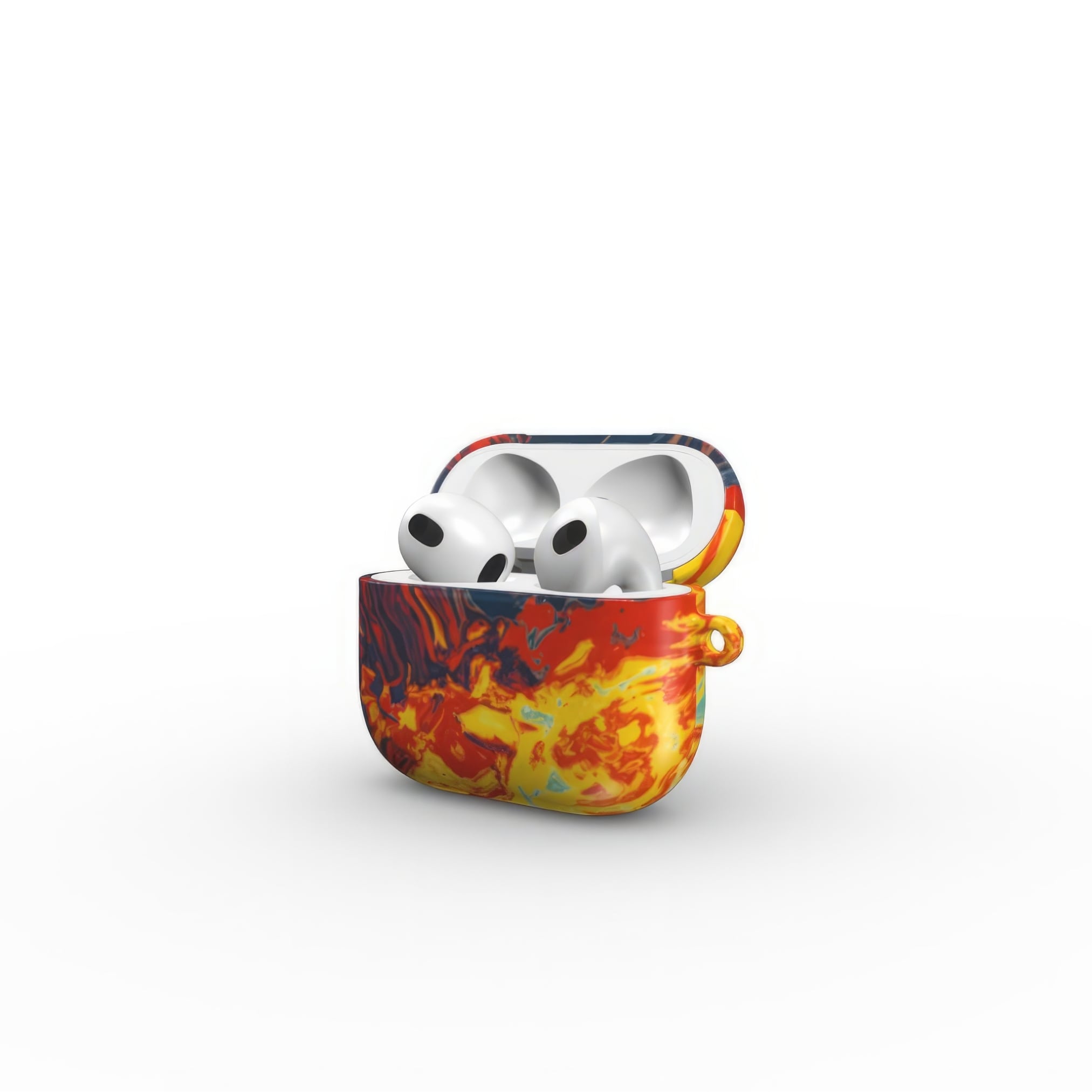 AirPods 3 tough case with a bold vivid pattern in marble abstract and artistic style, featuring an elegant and expressive aesthetic design. Main colors are navy deep blue, rich yellow, red and marine blue. Open side view.