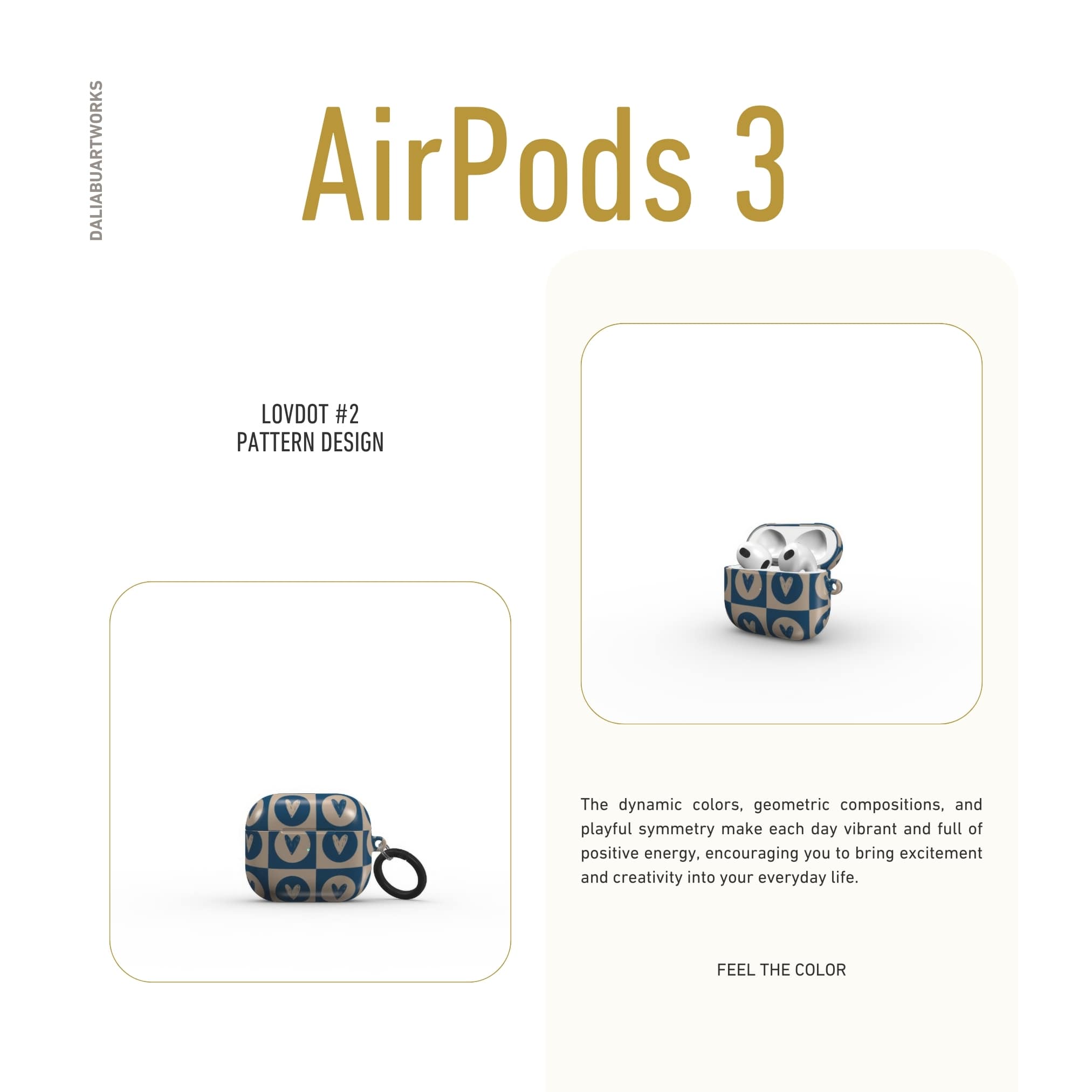 AirPods 3 case LovDot Blue pattern design with a dynamic geometric symmetry in heart and dot style, featuring an elegant and expressive aesthetic design. Main colors are steel blue and light brown. Front view.