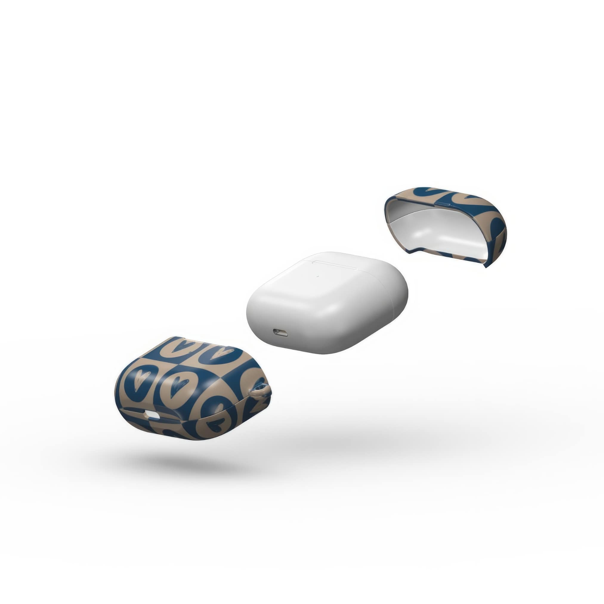 AirPods 3 case LovDot Blue pattern design with a dynamic geometric symmetry in heart and dot style, featuring an elegant and expressive aesthetic design. Main colors are steel blue and light brown. Extend view.