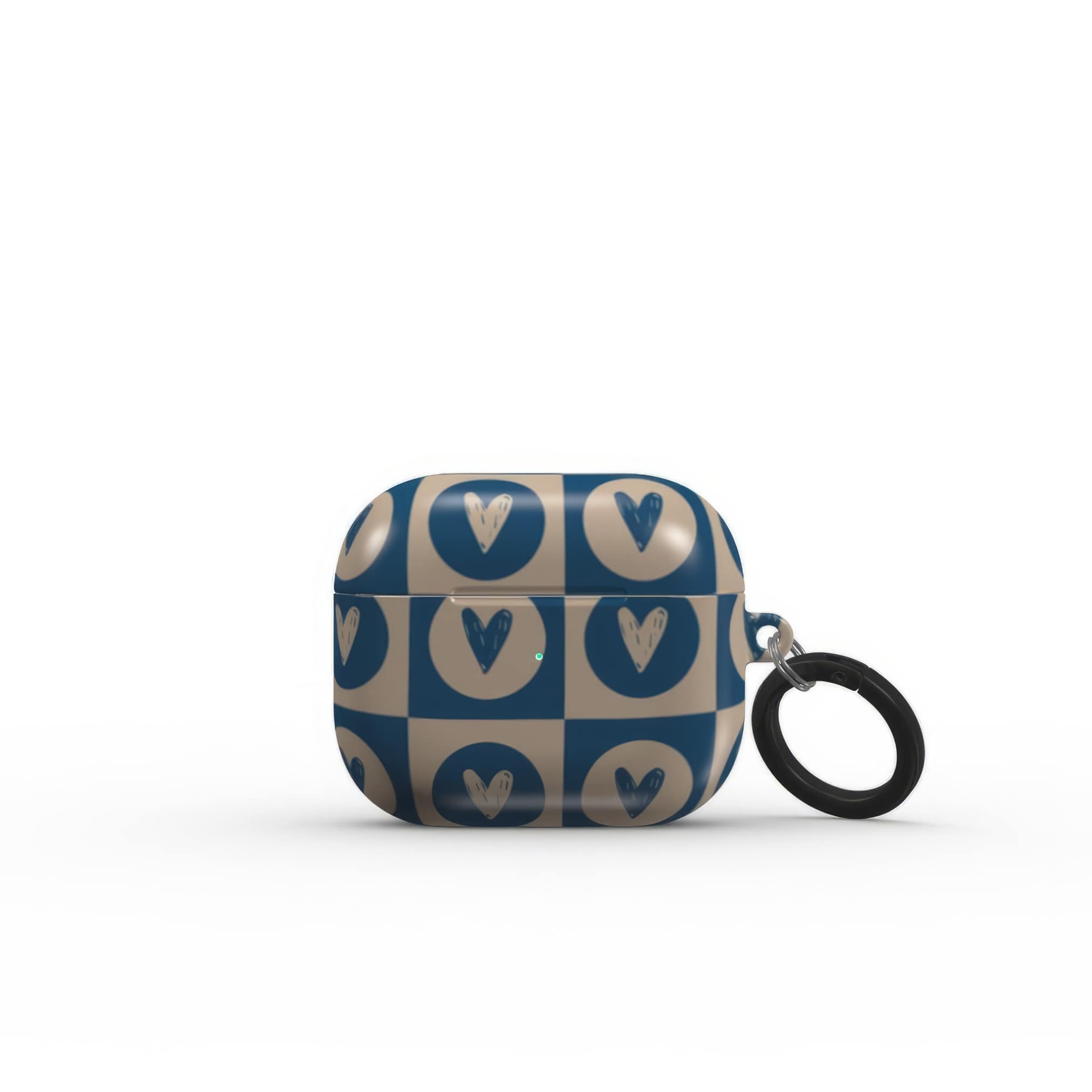 AirPods 3 case LovDot Blue pattern design with a dynamic geometric symmetry in heart and dot style, featuring an elegant and expressive aesthetic design. Main colors are steel blue and light brown. Front closed view.