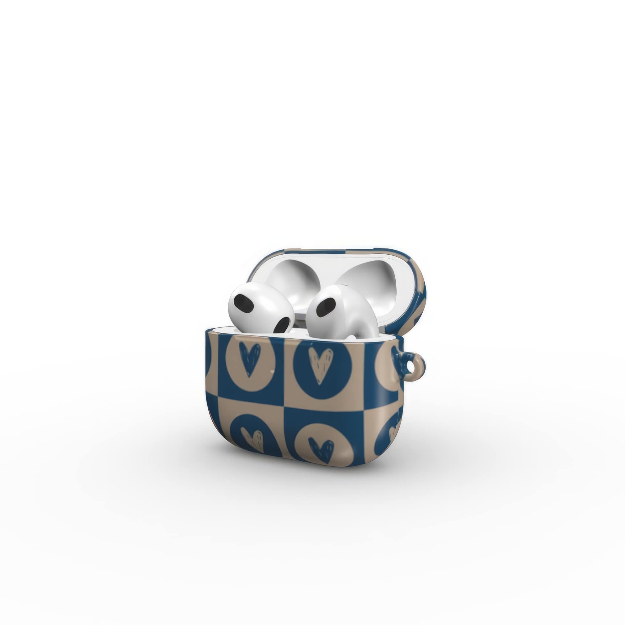 AirPods 3 case LovDot Blue pattern design with a dynamic geometric symmetry in heart and dot style, featuring an elegant and expressive aesthetic design. Main colors are steel blue and light brown. side open view.
