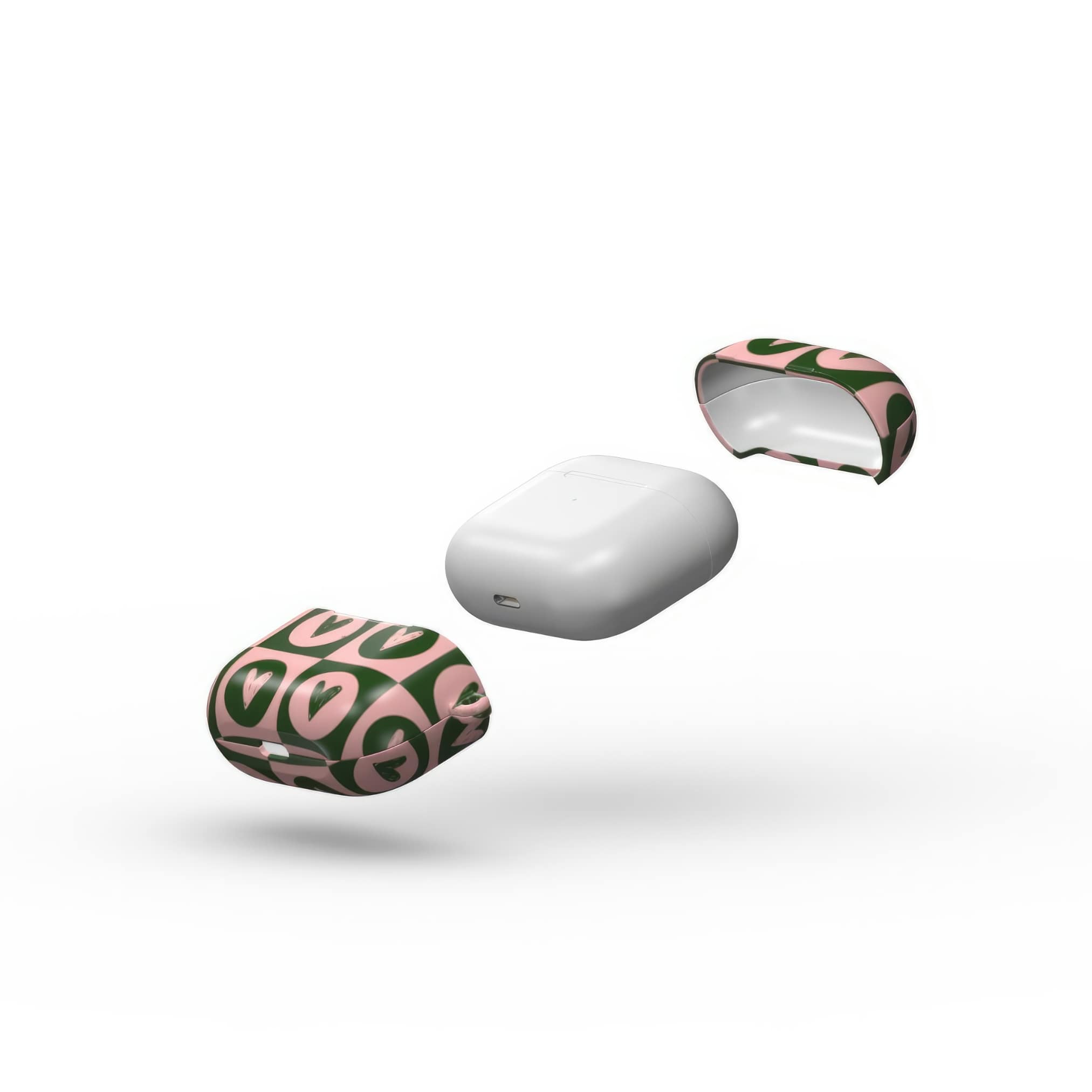 AirPods 3 case LovDot Vintage Rose pattern design with a dynamic geometric symmetry in heart and dot style, featuring an elegant and expressive aesthetic design. Main colors are vintage pink and green. Extend view.