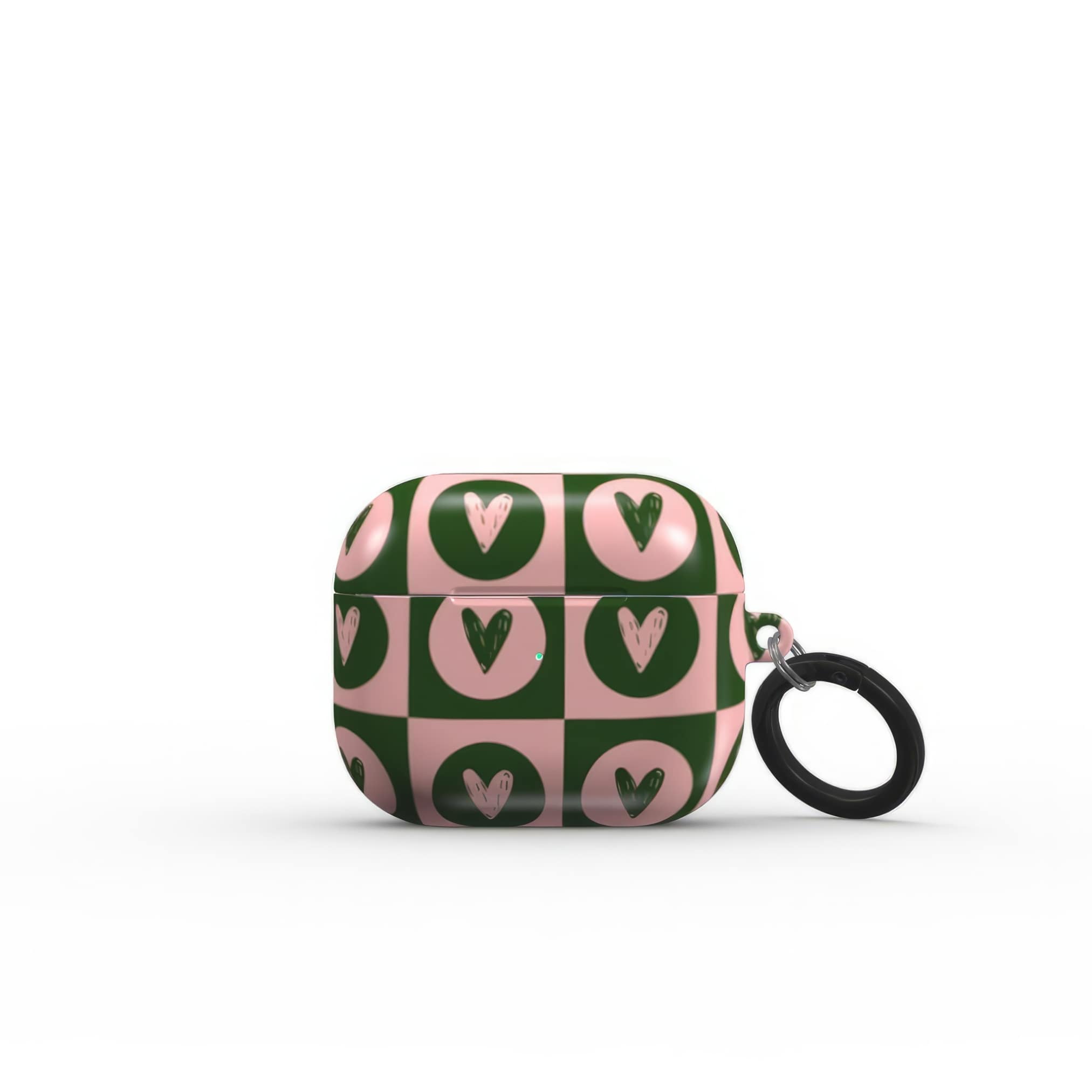 AirPods 3 case LovDot Vintage Rose pattern design with a dynamic geometric symmetry in heart and dot style, featuring an elegant and expressive aesthetic design. Main colors are vintage pink and green. Closed front view.