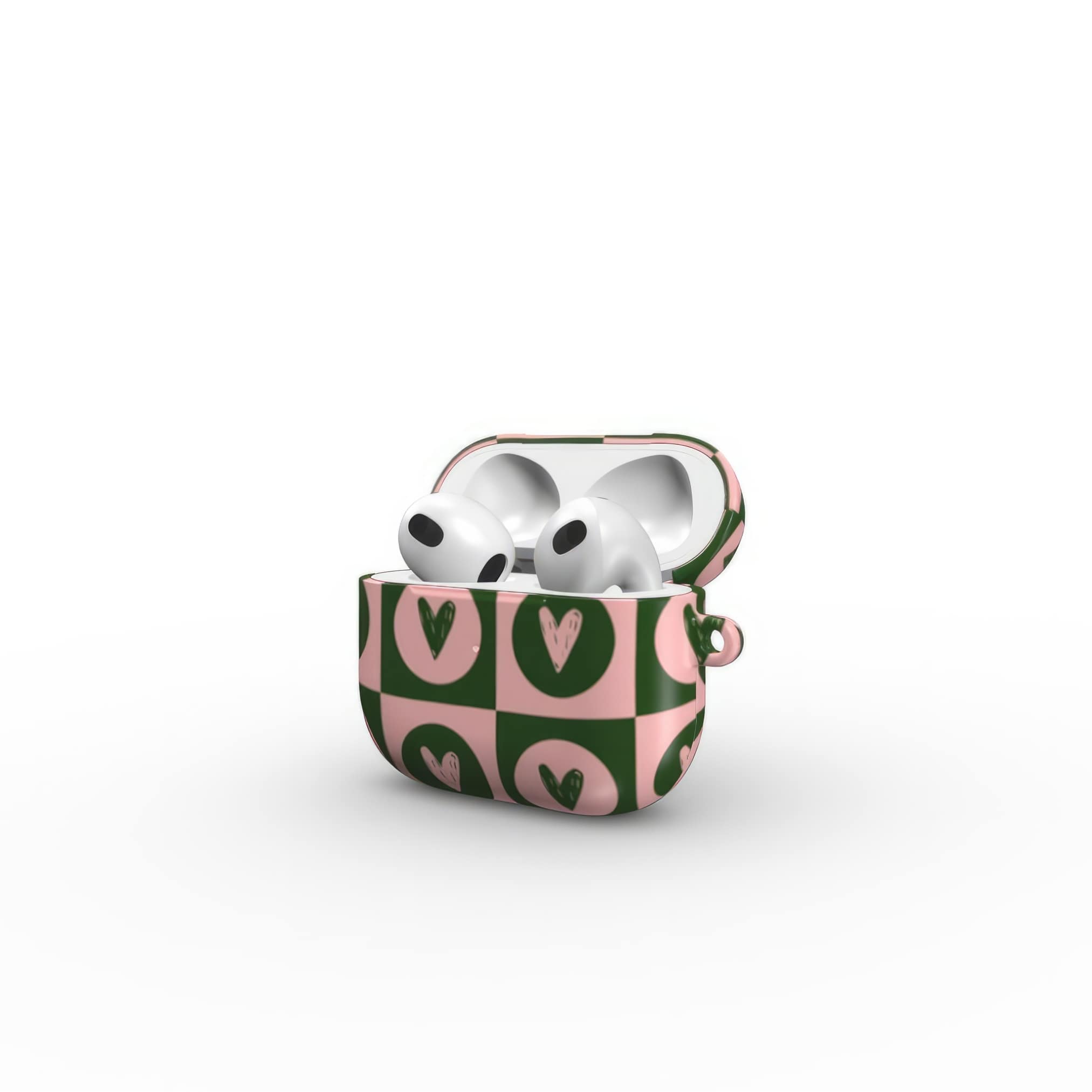 AirPods 3 case LovDot Vintage Rose pattern design with a dynamic geometric symmetry in heart and dot style, featuring an elegant and expressive aesthetic design. Main colors are vintage pink and green. Side open view.