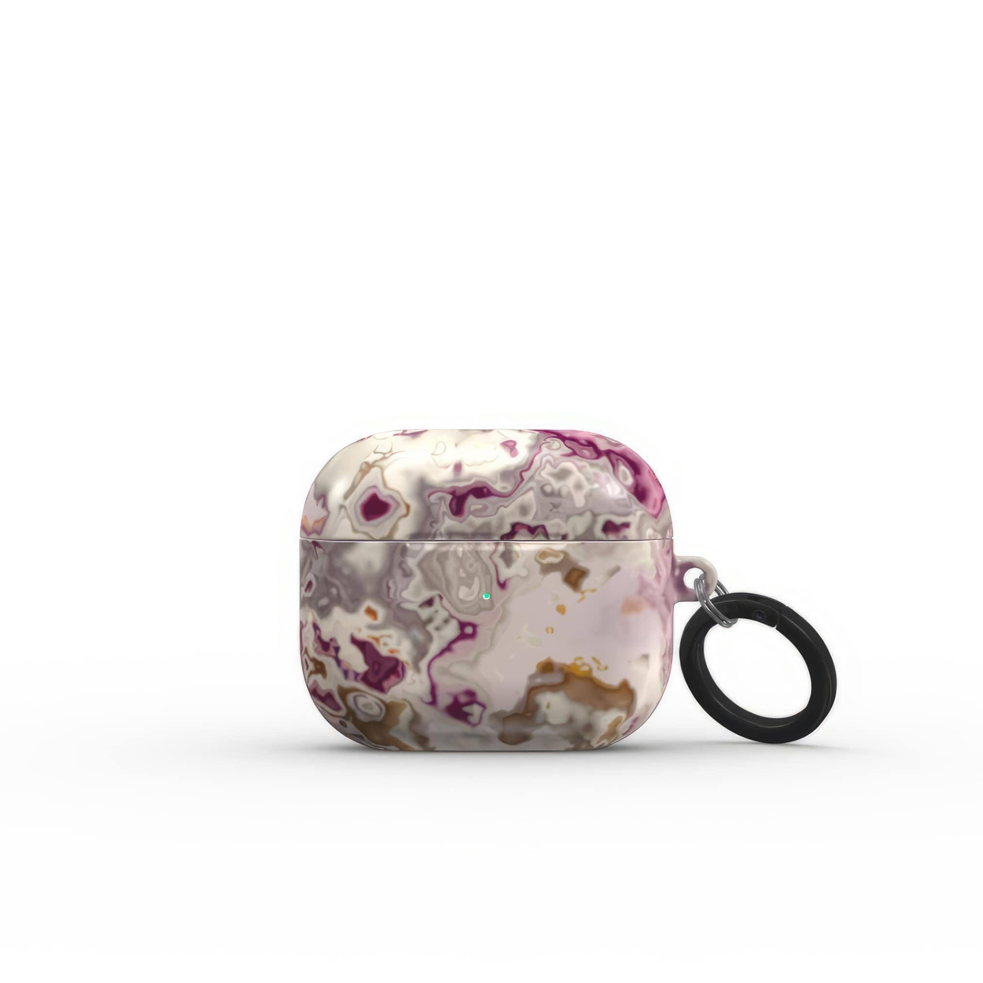 AirPods 3 tough case front closed view; Marshmallow 1 pattern, artistic, abstract marble pattern. Pink and beige color combination. Bold expressive aesthetic design. Colorful and interior fit. Elegant.