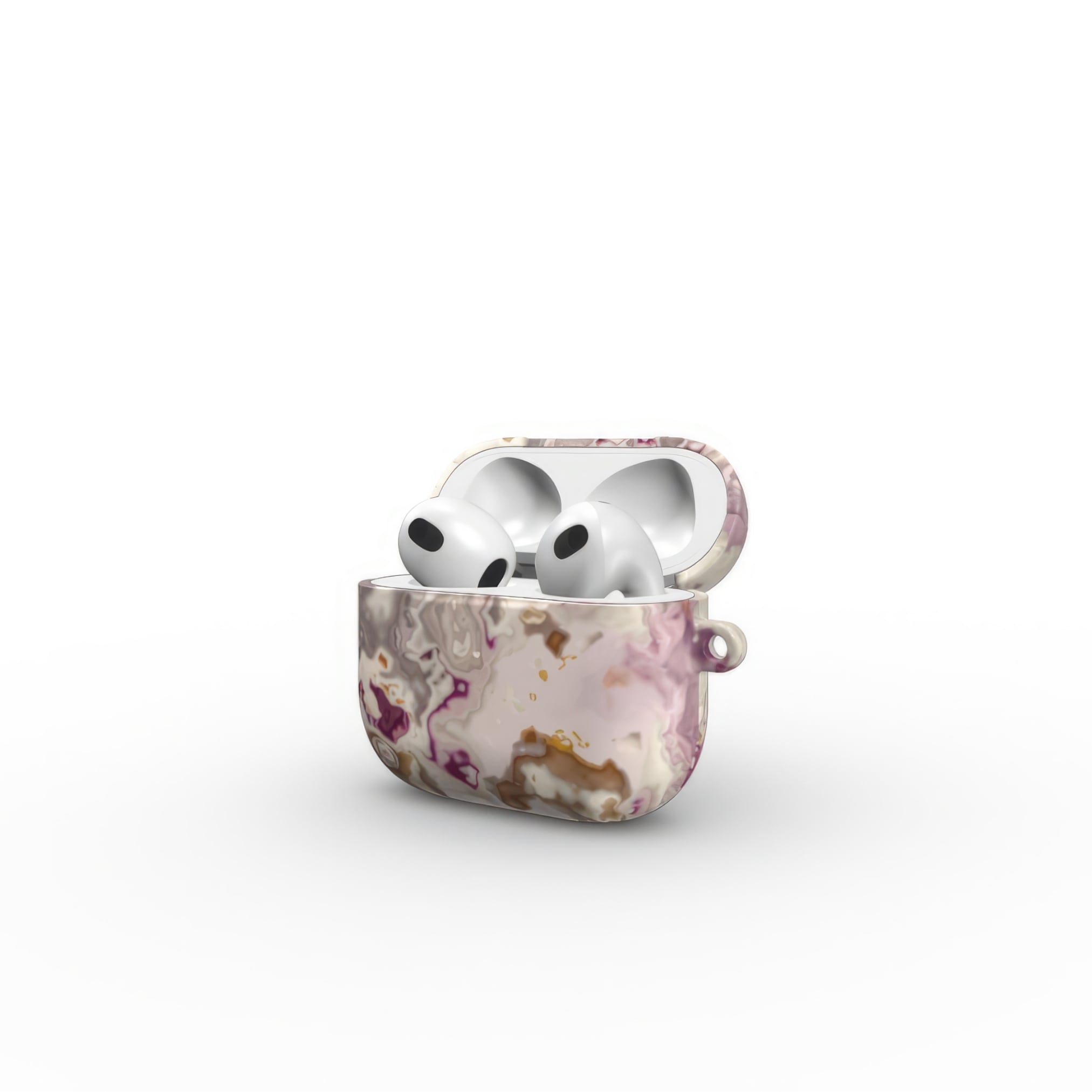 AirPods 3 tough case open sideview; Marshmallow 1 pattern, artistic, abstract marble pattern. Pink and beige color combination.