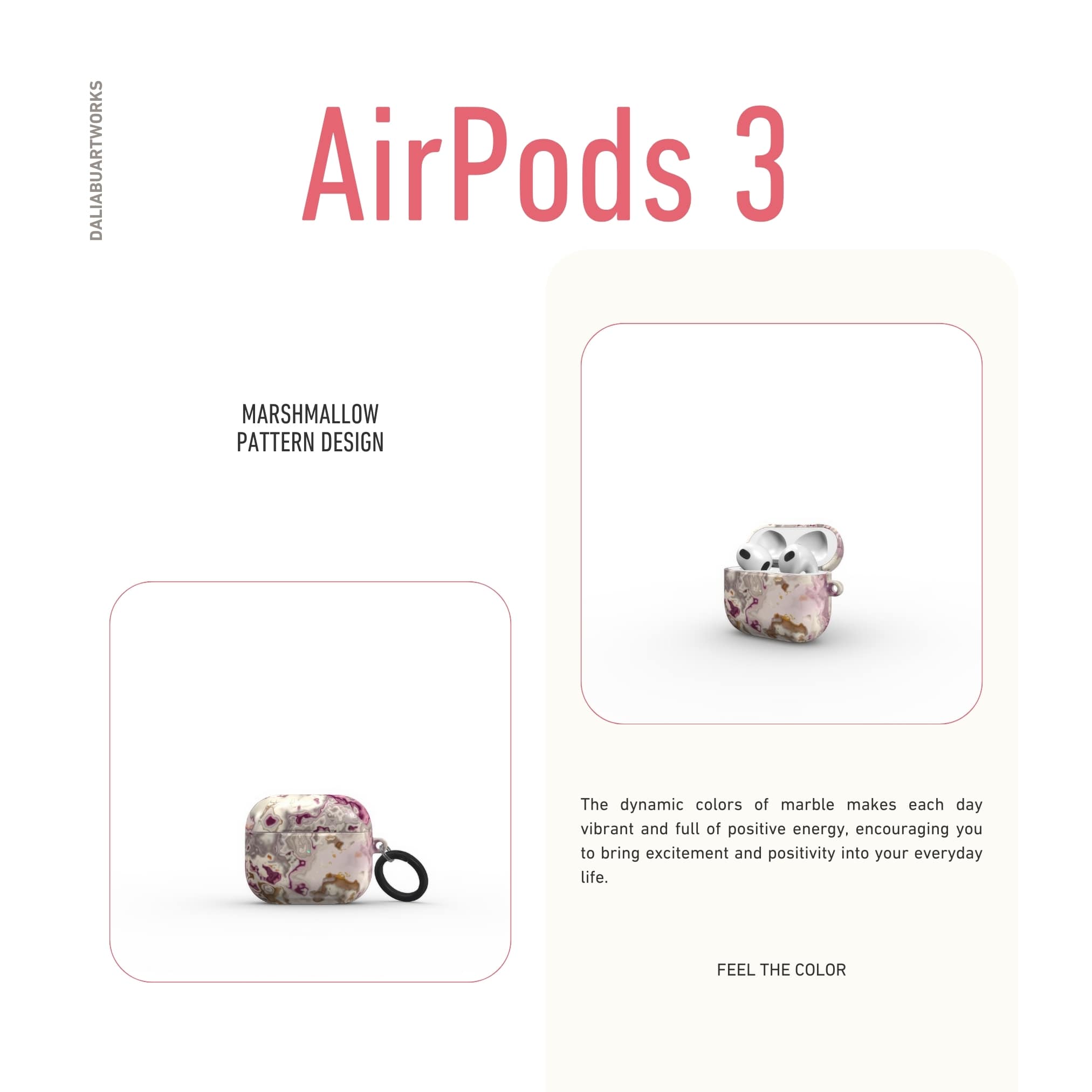 AirPods 3 tough case front view; Marshmallow pattern, artistic, abstract marble pattern. Pink and beige color combination.