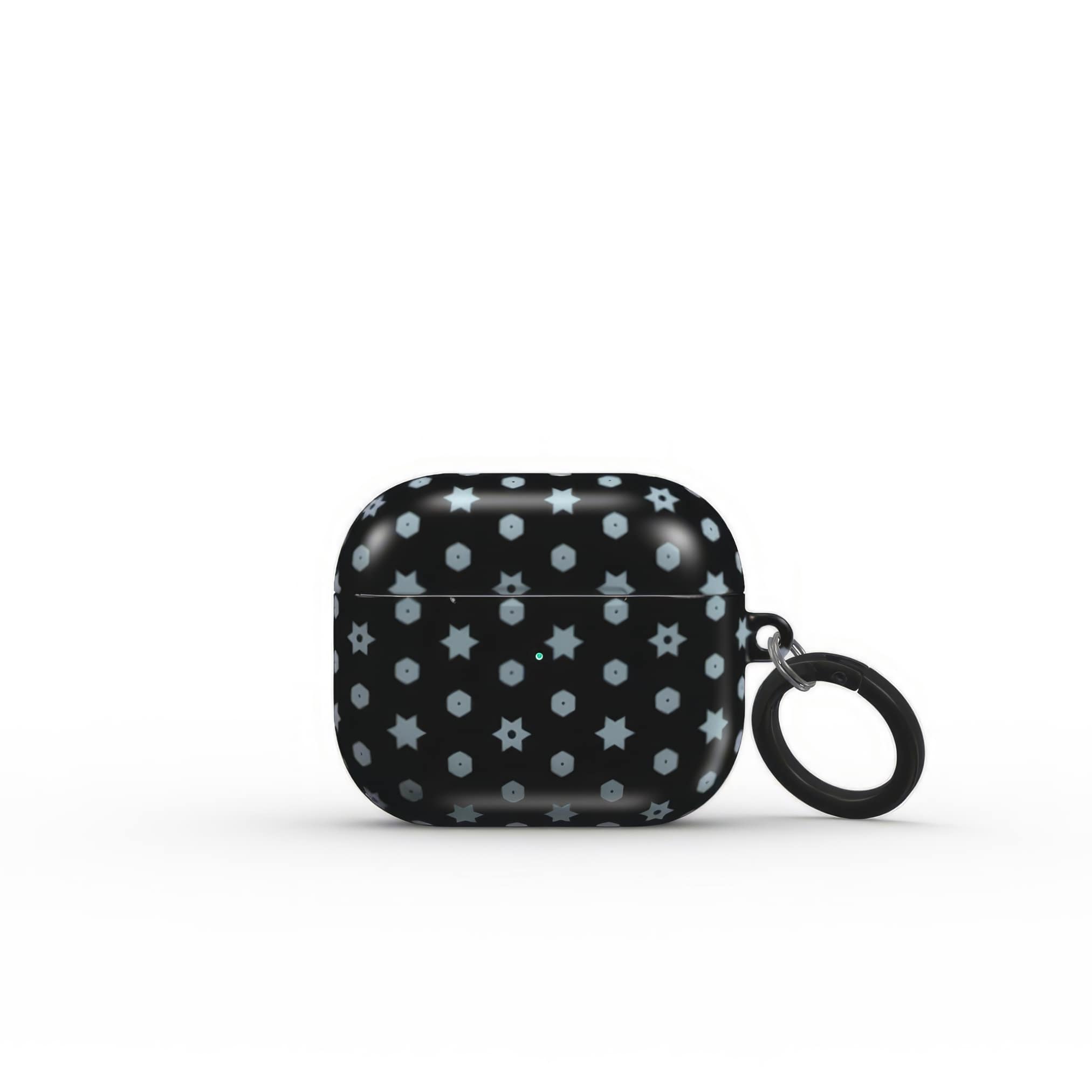 AirPods 3 case front view; midnight stars 1 pattern, ornamental pattern; kaleidoscope pattern imagination. Bold expressive aesthetic design. Colorful and interior fit.