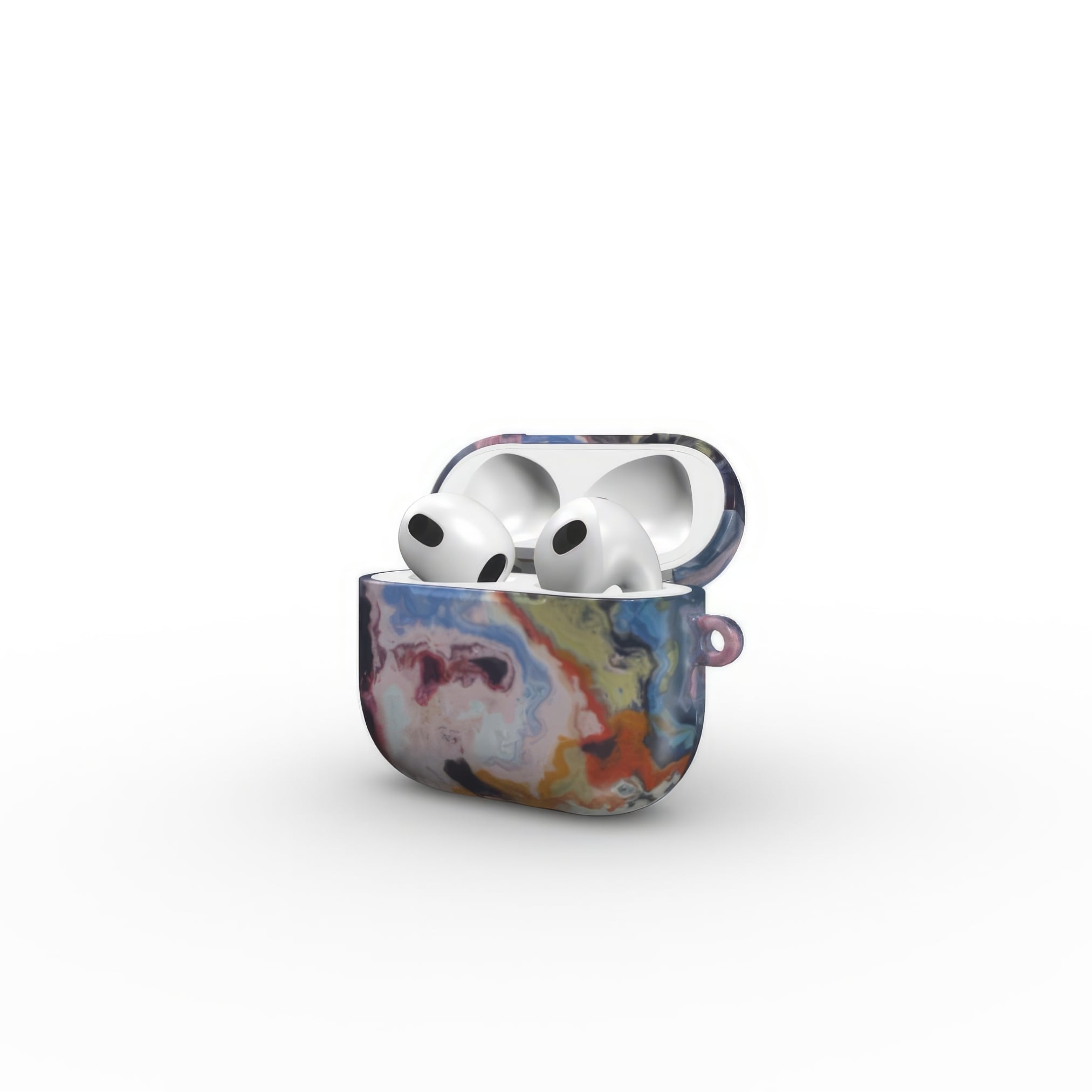 AirPods 3 tough case side open view; Molten Berries 1 pattern, artistic, abstract marble pattern. Deep. purple color.