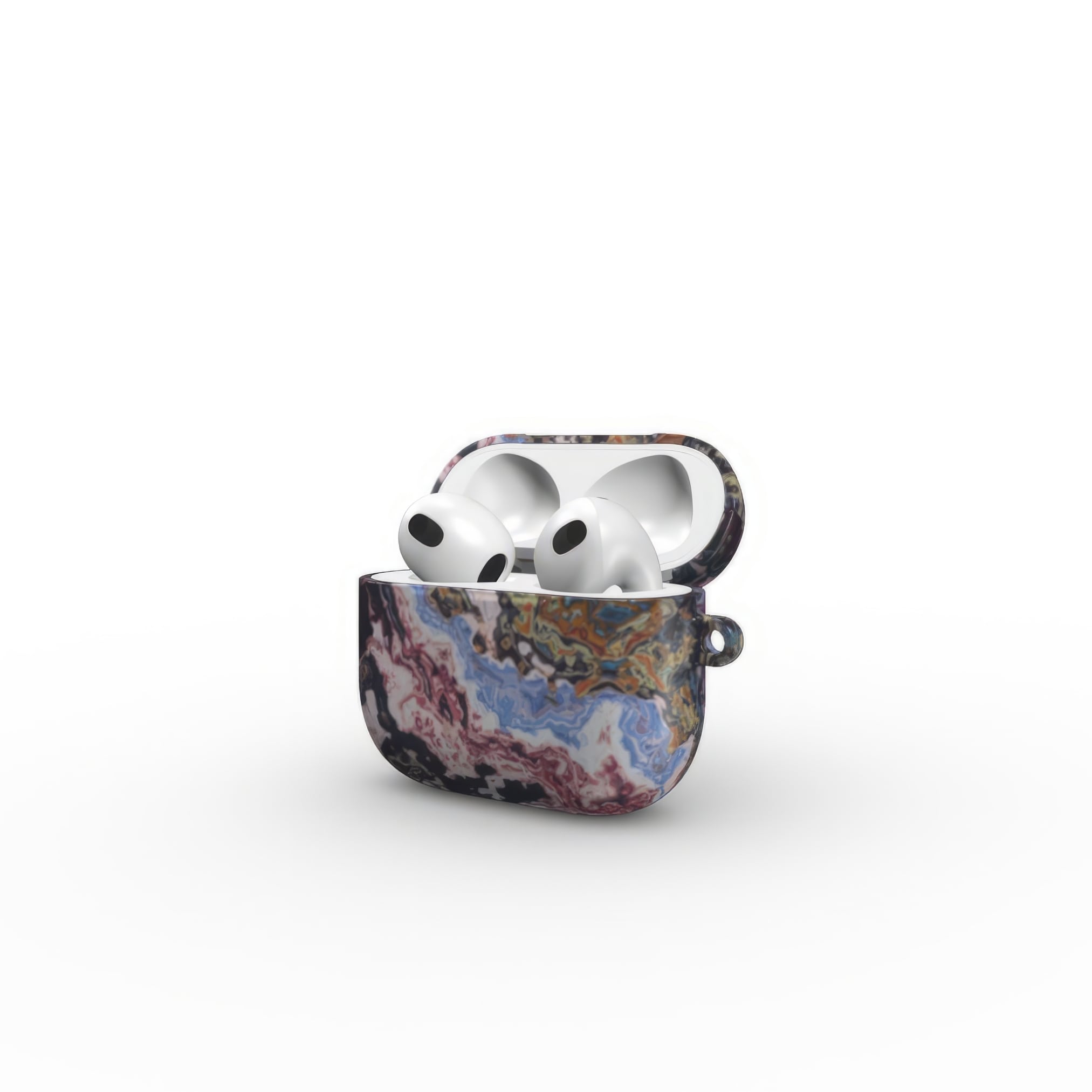 AirPods 3 tough case side open view; Molten Berries 2 pattern, artistic, abstract marble pattern. Deep. purple color.