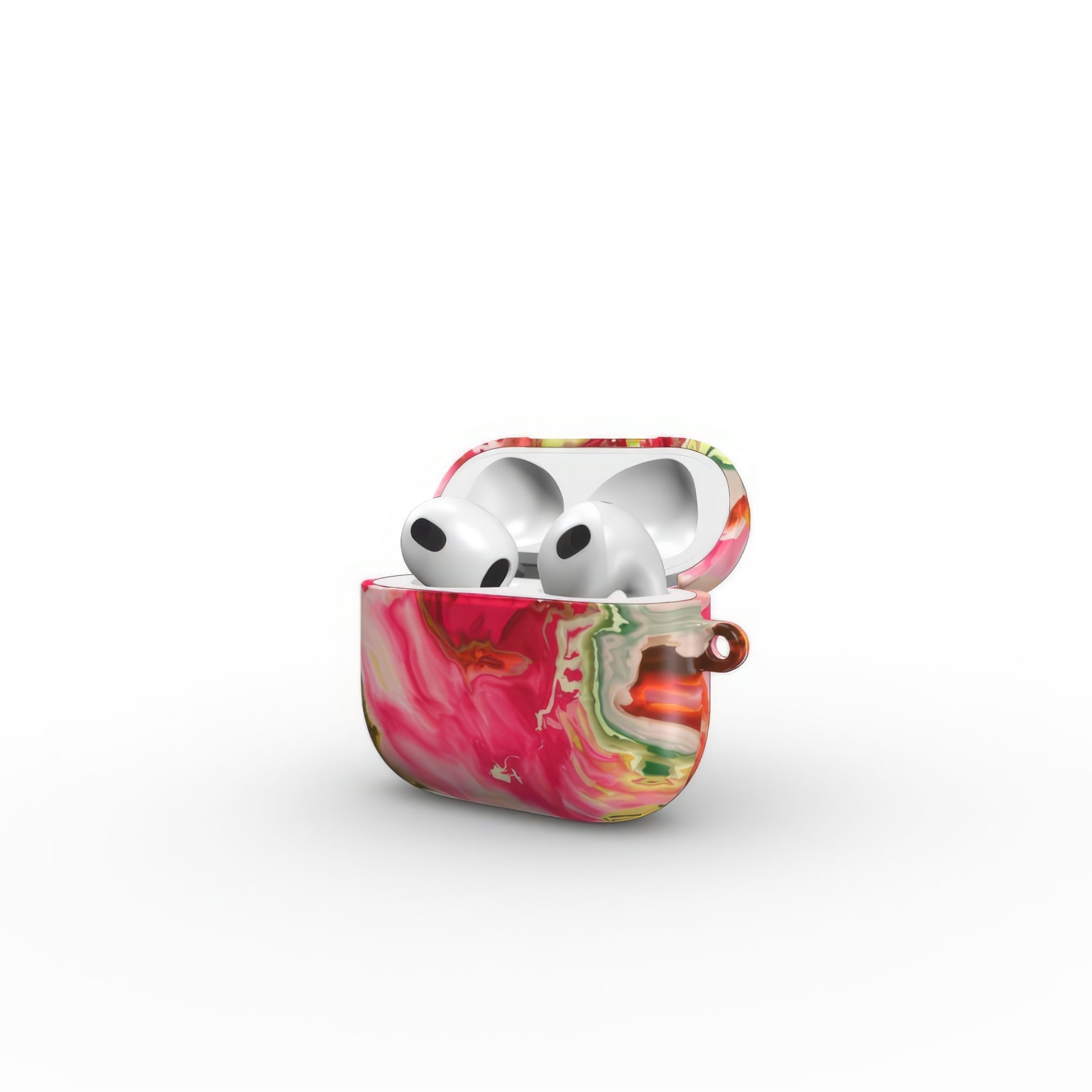 AirPods 3 tough case side open view; Neon Pink pattern, artistic, abstract marble pattern. Pink and green color combination.