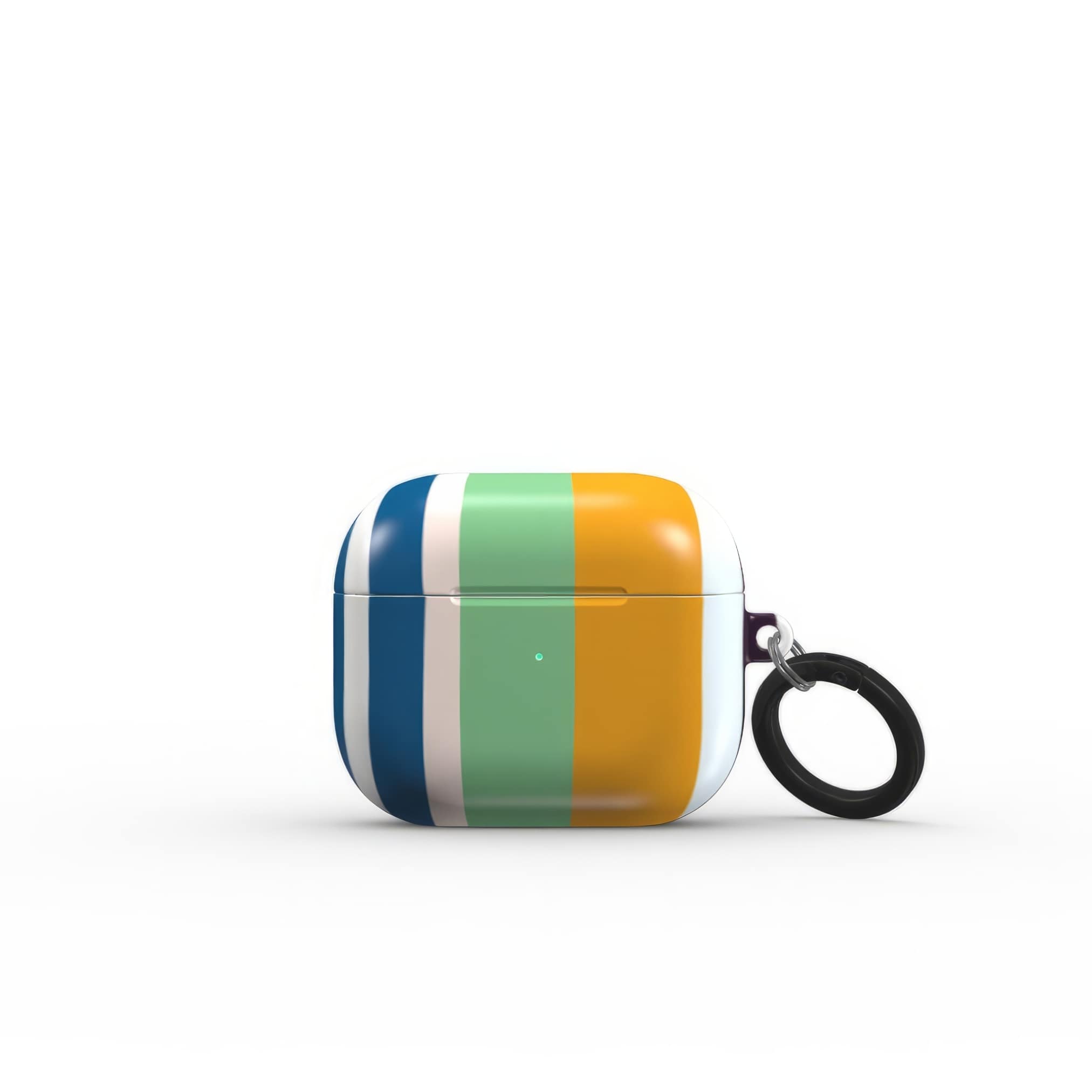 AirPods 3 case Parallel Flow 1 pattern with tiny color stripes, featuring an elegant and expressive aesthetic design. Main colors are minty sage, powder pink, navy blue, orange. Front view.
