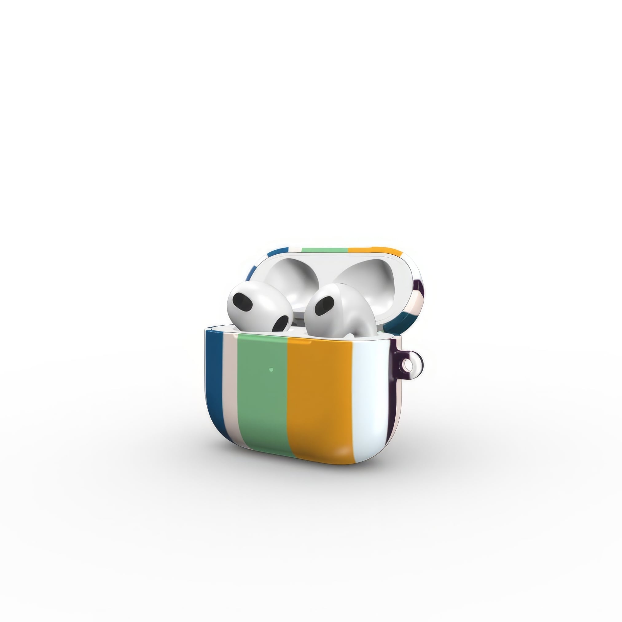 AirPods 3 case Parallel Flow 1 pattern with tiny color stripes, featuring an elegant and expressive aesthetic design. Main colors are minty sage, powder pink, navy blue, orange. Side view.