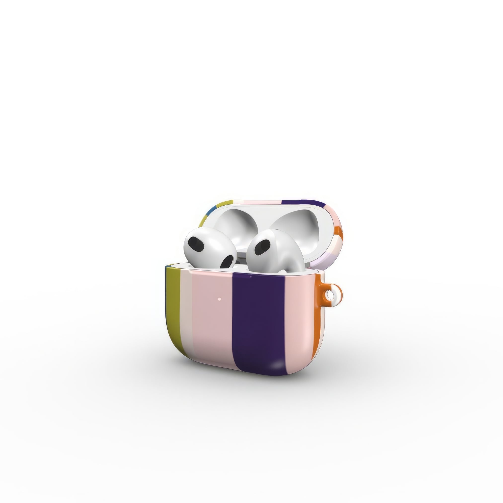AirPods 3 tough case Parallel Flow Pink pattern with tiny color stripes, featuring an elegant and expressive aesthetic design. Main colors are pink, lilac and purple. Open side view.