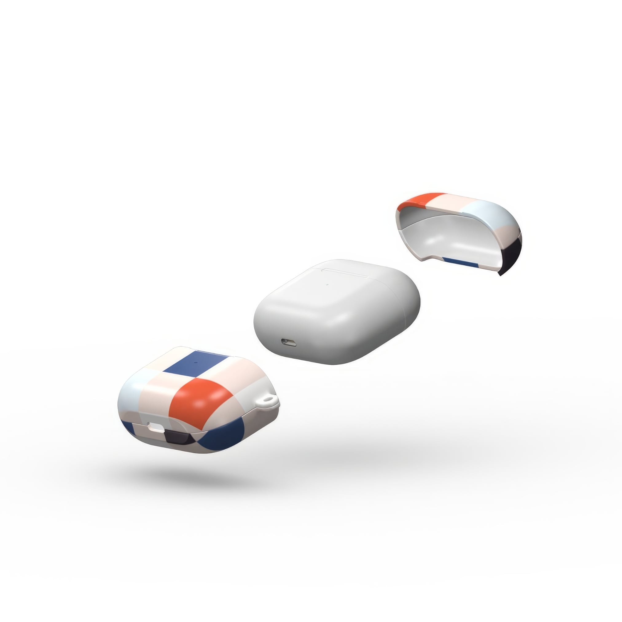 AirPods 3 ultra thin hard shell tough case Pixel Grid Blue pattern design with a bold color blocks in pixel and stripes modern style, featuring an elegant and expressive aesthetic design. Main colors are pink, navy, orange red and light sky blue. Extend view.