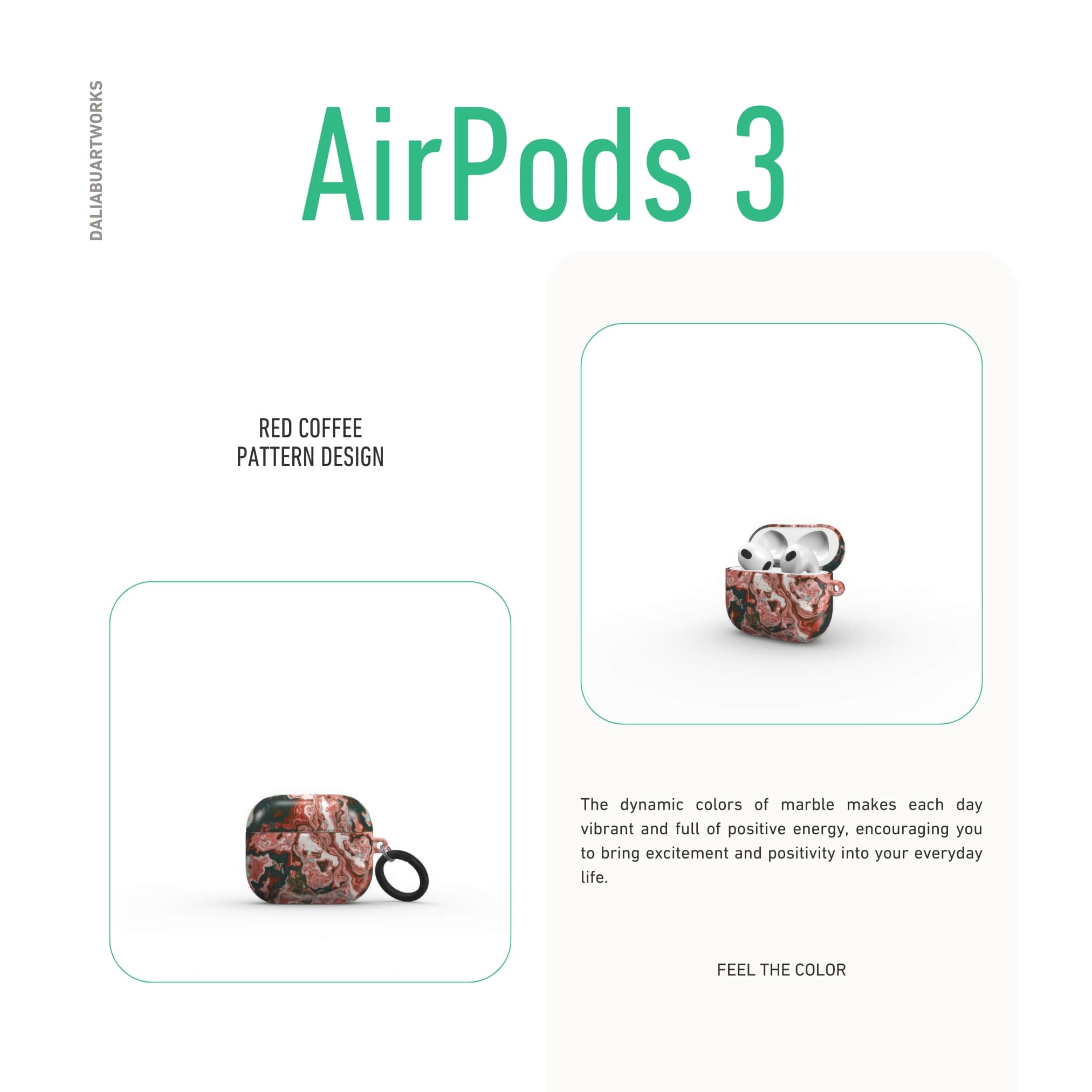 AirPods 3 tough case extend view; Red Coffee pattern, artistic, abstract marble pattern. red and light blue color combination.
