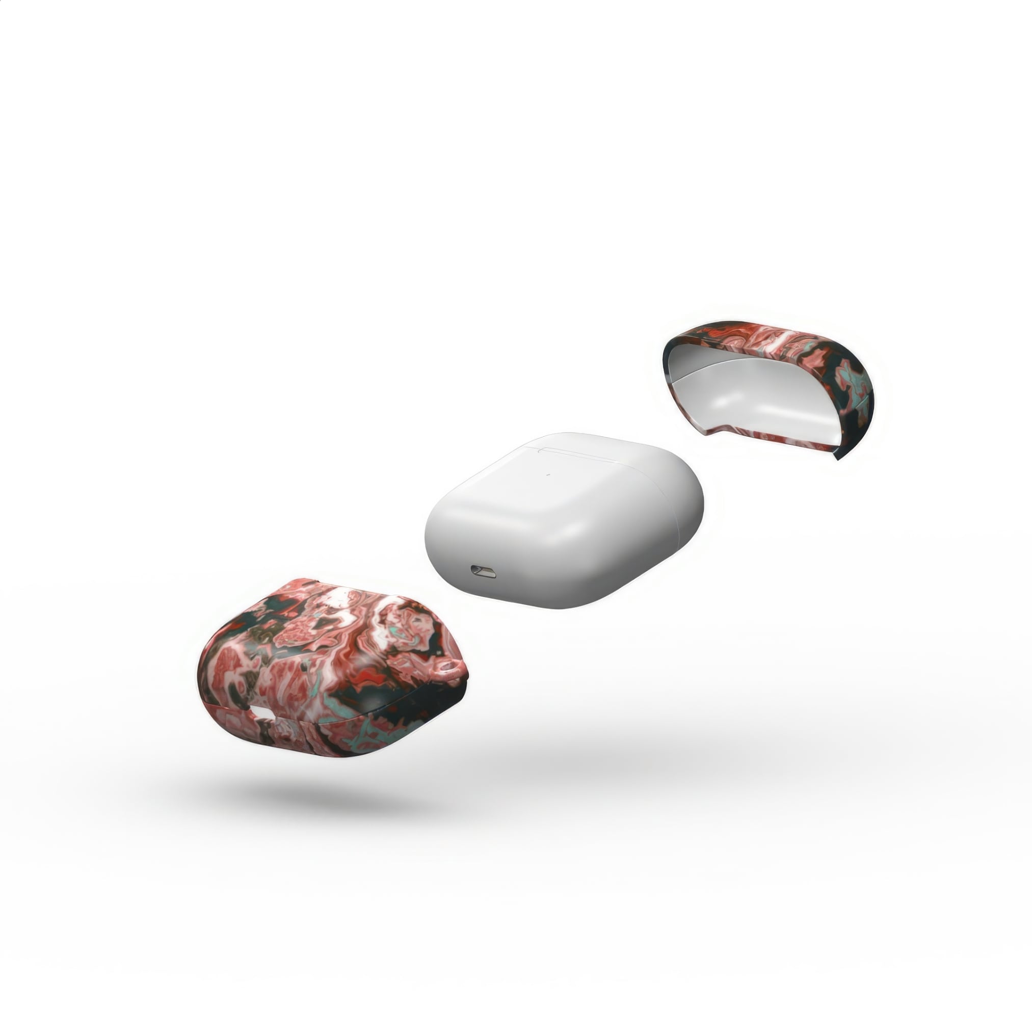 AirPods 3 tough case extend view; Red Coffee pattern, artistic, abstract marble pattern. red and light blue color combination.