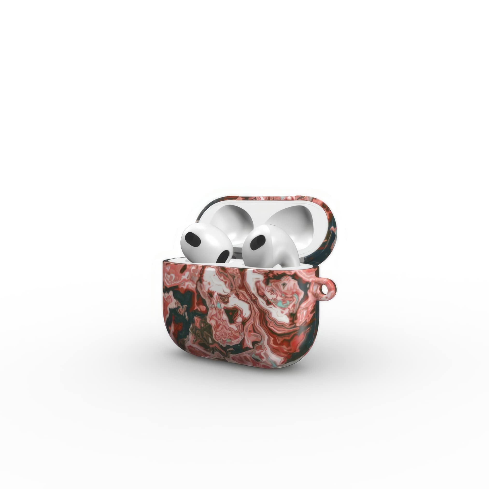 AirPods 3 tough case side open view; Red Coffee pattern, artistic, abstract marble pattern. red and light blue color combination.