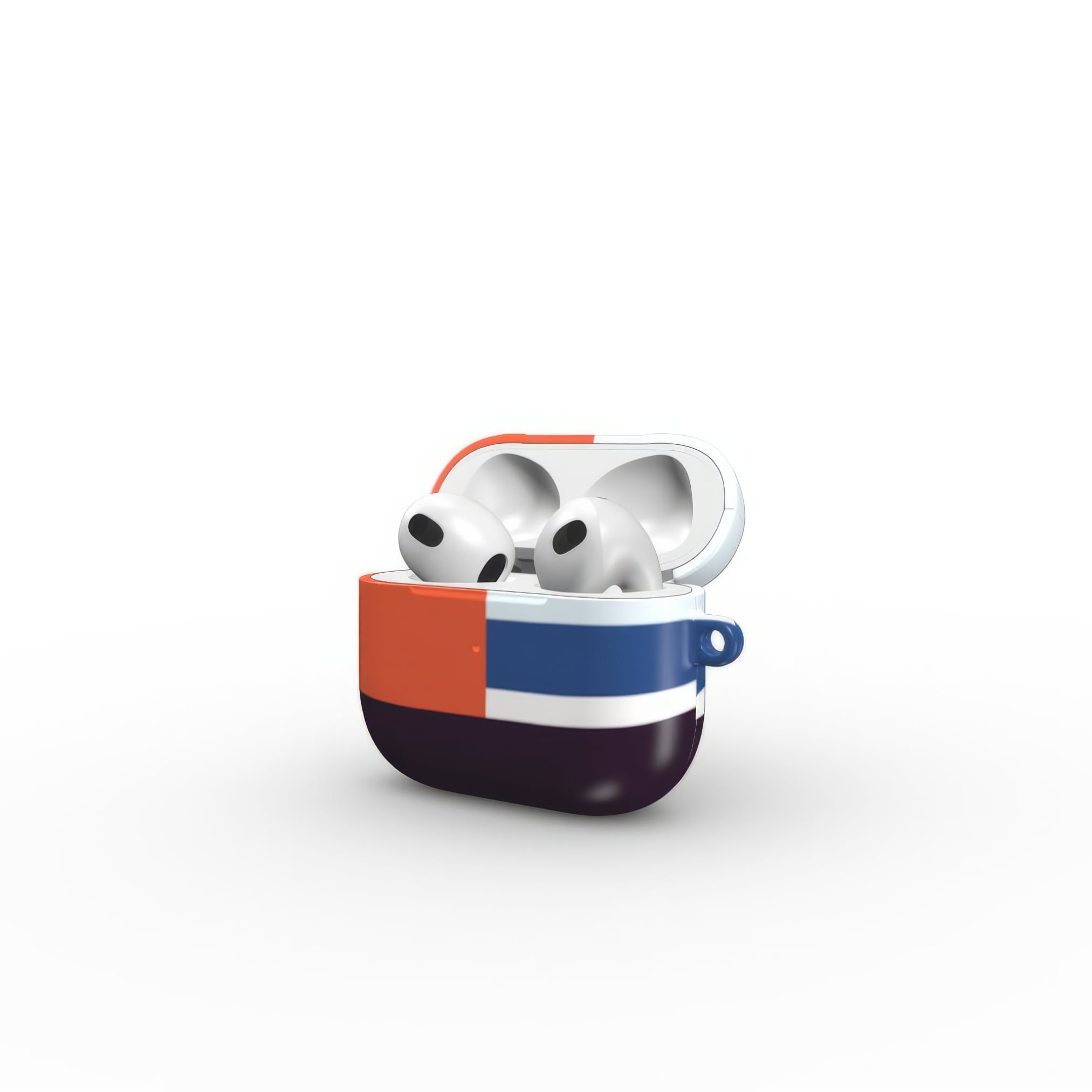 Apple AirPods 3 tough case Retro Stripes Blue pattern design with a bold color blocks in vintage, mid century modern style, featuring an elegant and expressive aesthetic design. Main colors are deep purple, navy, light blue and orange red. Open side view.